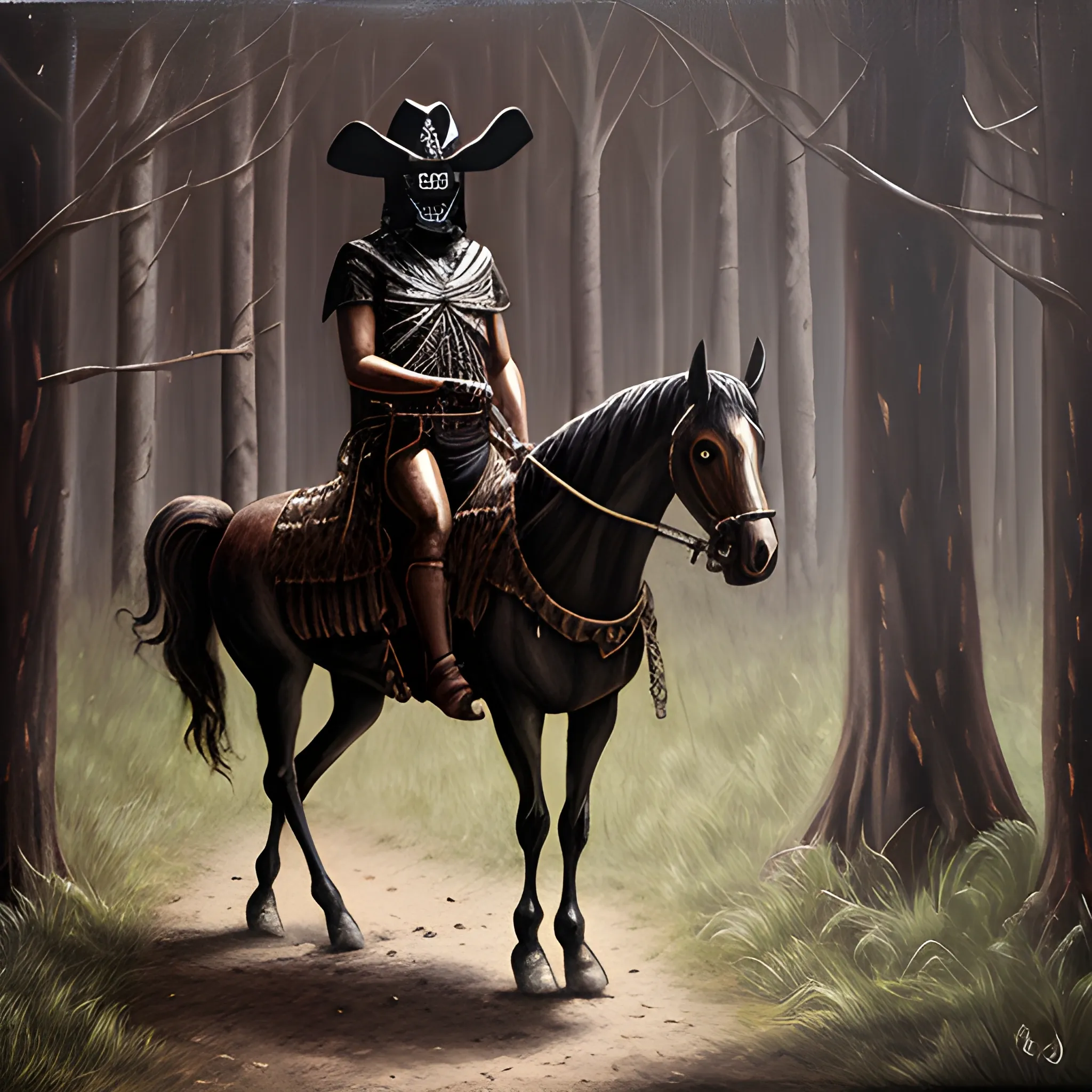 hechicero a caballo en el bosque, oscuro, terror, fantasmagórico, horror, frialdad,  , Oil Painting