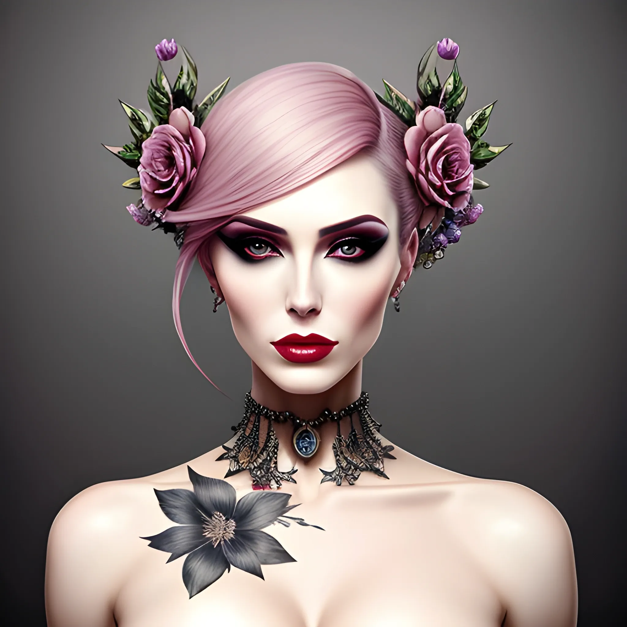 Portrait of a beautiful girl in bloom, mysterious and elegant floral punk fashion, realism, hiperrealism