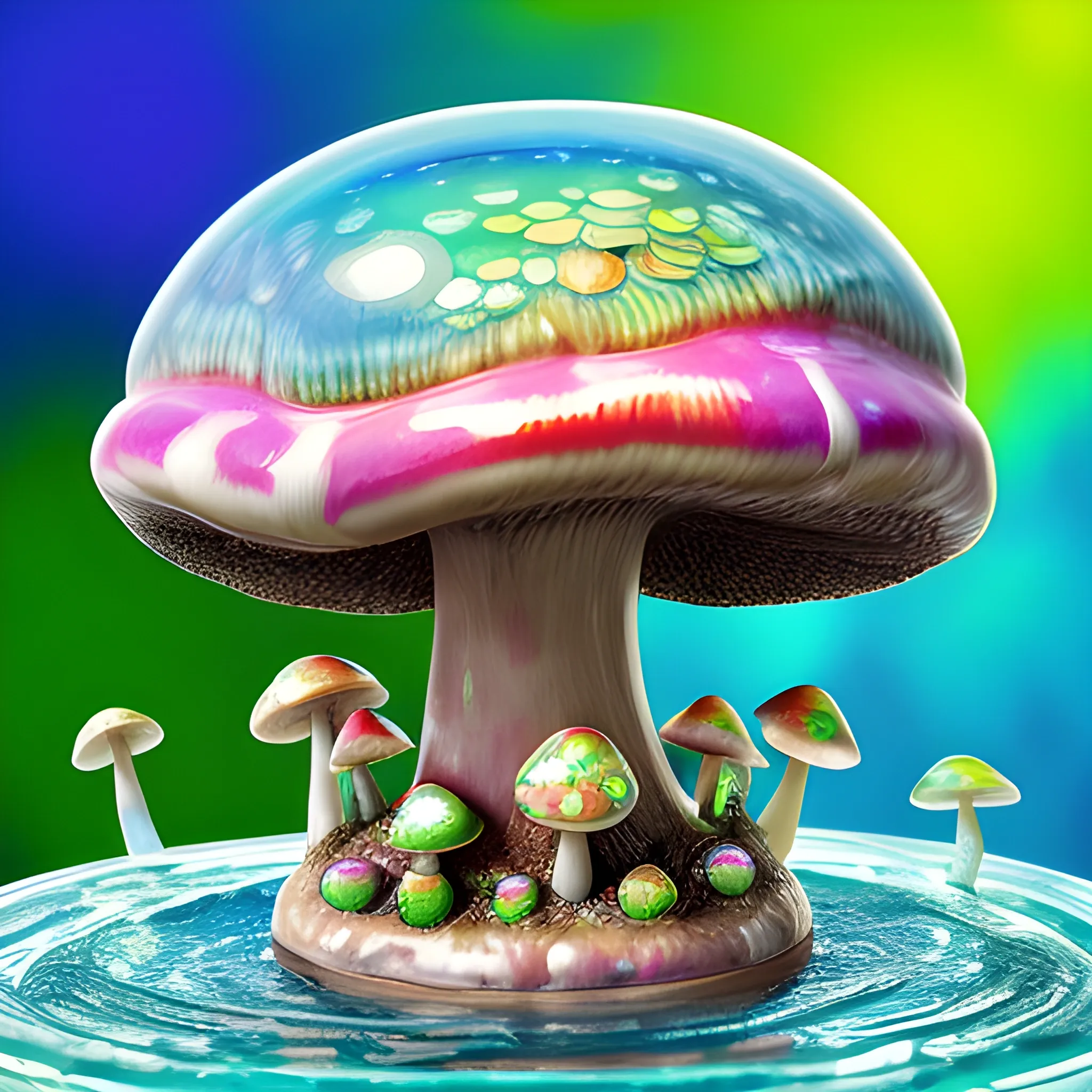 a ceramic sculpture  of a mushrooms with human face, many frogs around, many ice cubes fly in the air , saturated colors, realism, chaotic background, 3D, Trippy,  eerie atmosphere, close up, Oil Painting, angular perspective 