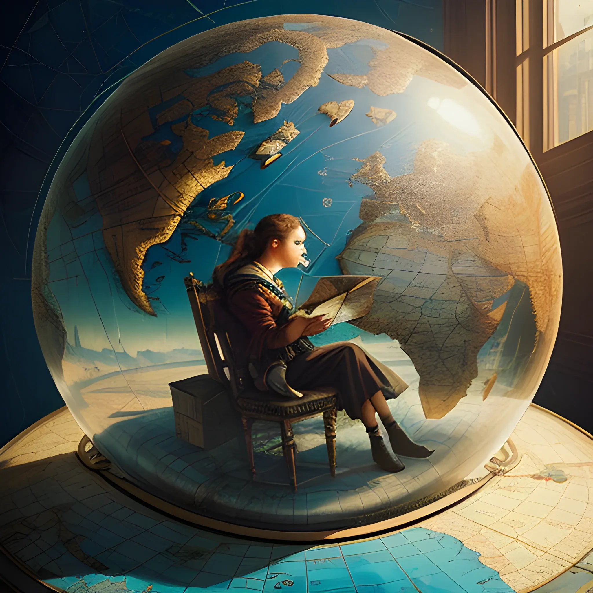 a female explorer sits next to a window leaning on a giant globe glasses compasses maps flying in the air Romanticism, Realism, Contemporary Documentary Photography, chaotic background, 3D, Trippy,  eerie atmosphere, close up, Oil Painting, angular perspective 