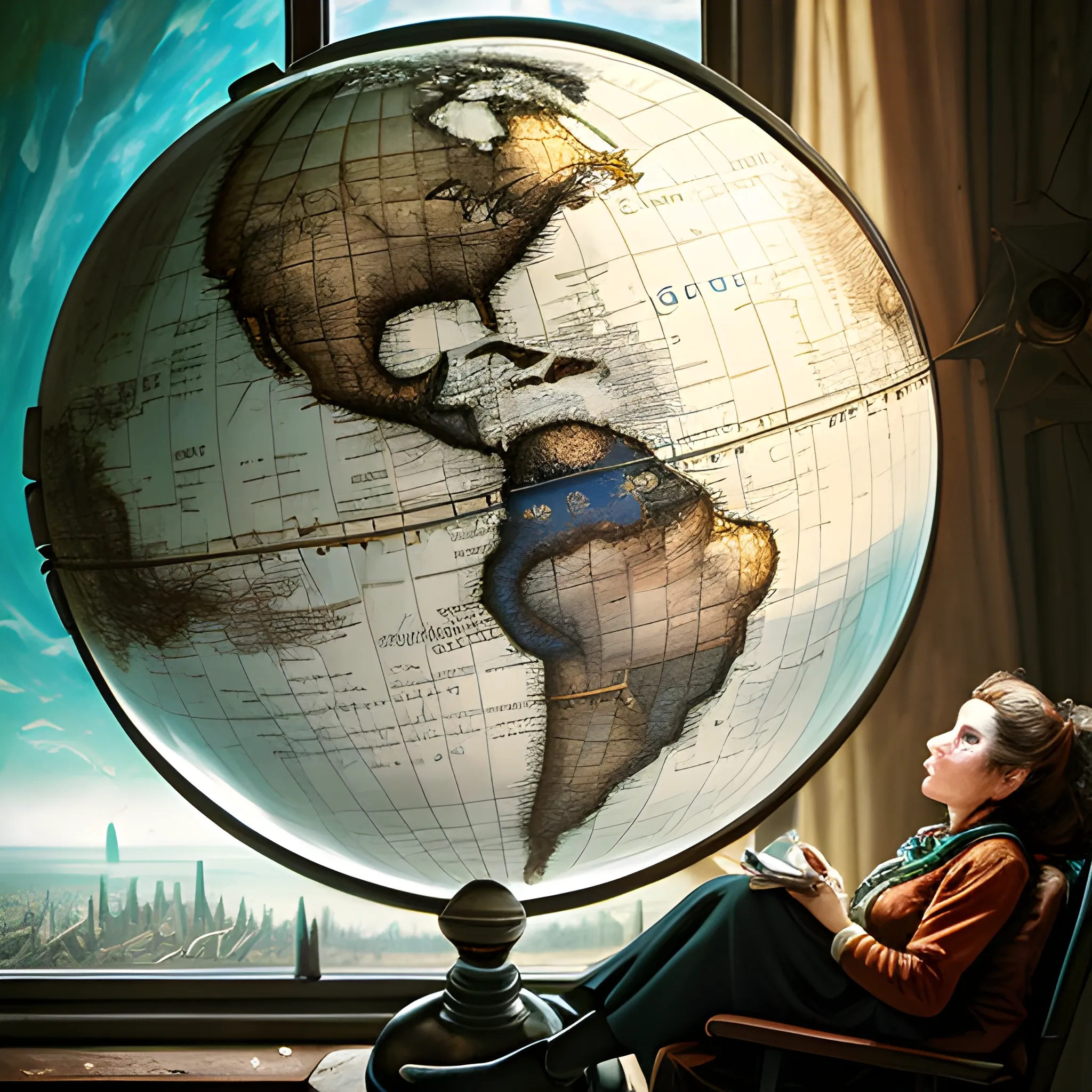 a female explorer sits next to a window leaning on a giant globe glasses compasses maps flying in the air Romanticism, Realism, Contemporary Documentary Photography, chaotic background, 3D, Trippy,  eerie atmosphere, close up, Oil Painting, angular perspective 