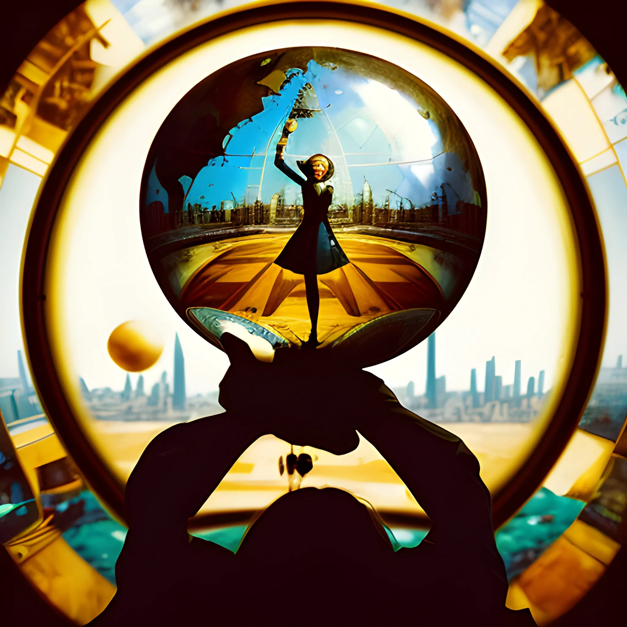make a portrait of a female explorer standing by a window leaning on a giant globe, compass glasses flying in the air Romance, Realism, Contemporary Documentary Photography,  chaotic background, 3D, Trippy,  eerie atmosphere, close up, Oil Painting, angular perspective 