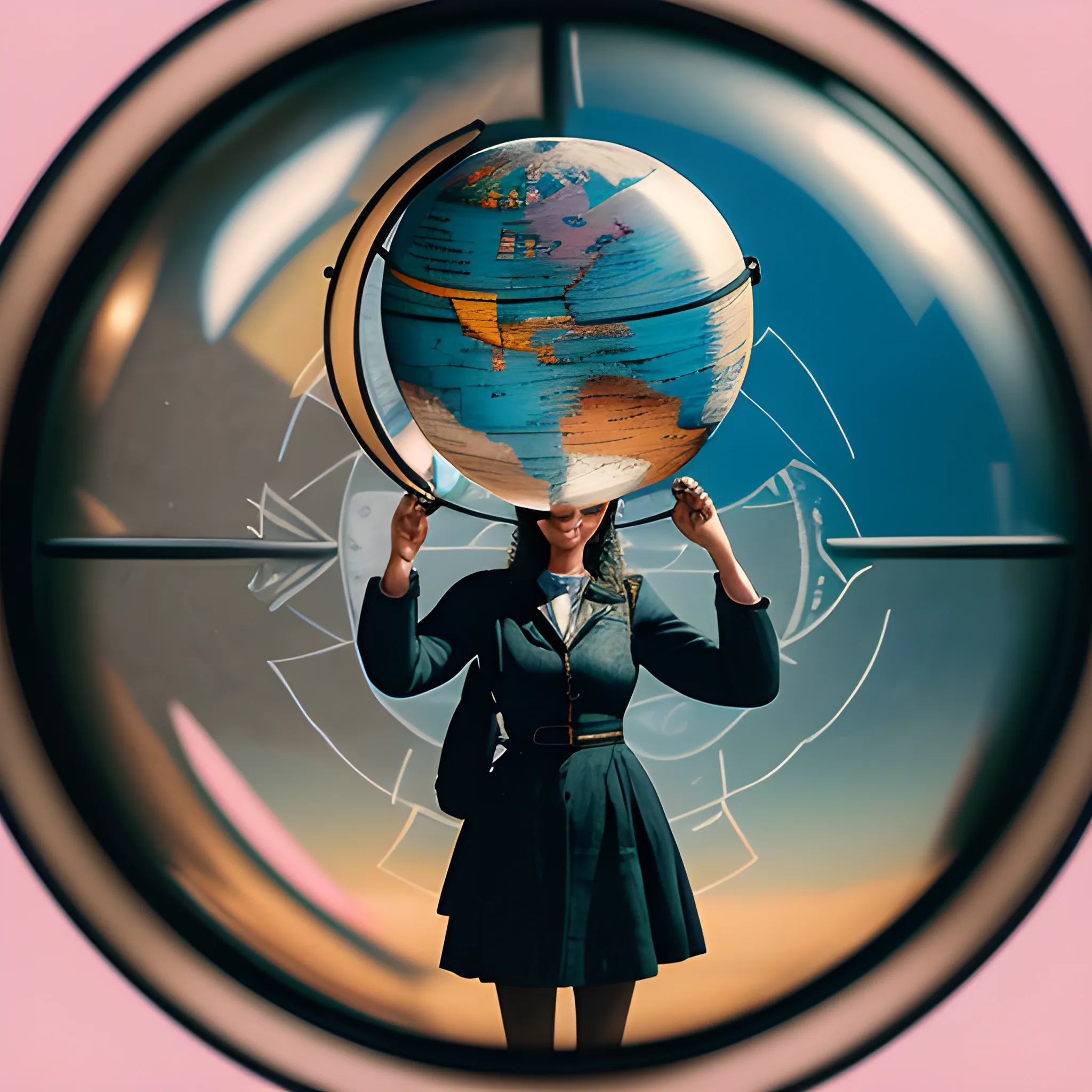 make a portrait of a female explorer standing by a window leaning on a giant globe, compass glasses flying in the air Romance, Realism, Contemporary Documentary Photography,  chaotic background, 3D, Trippy,  eerie atmosphere, close up, Oil Painting, angular perspective 