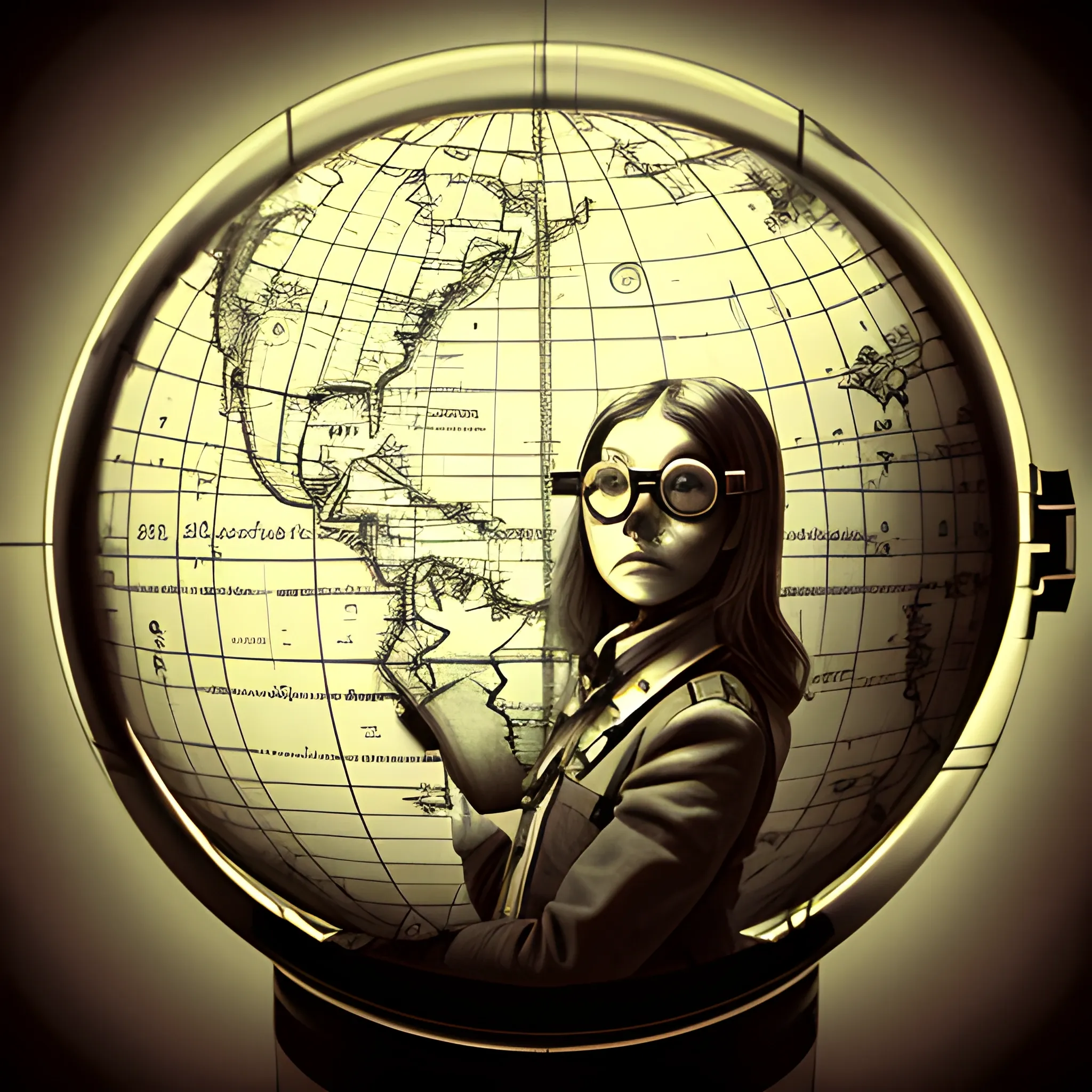 make a portrait of a female explorer standing by a window, leaning on a giant globe, compass glasses flying in the air, chaotic background, 3D, Trippy,  eerie atmosphere, close up, angular perspective , Pencil Sketch, Realism, Contemporary Documentary Photography