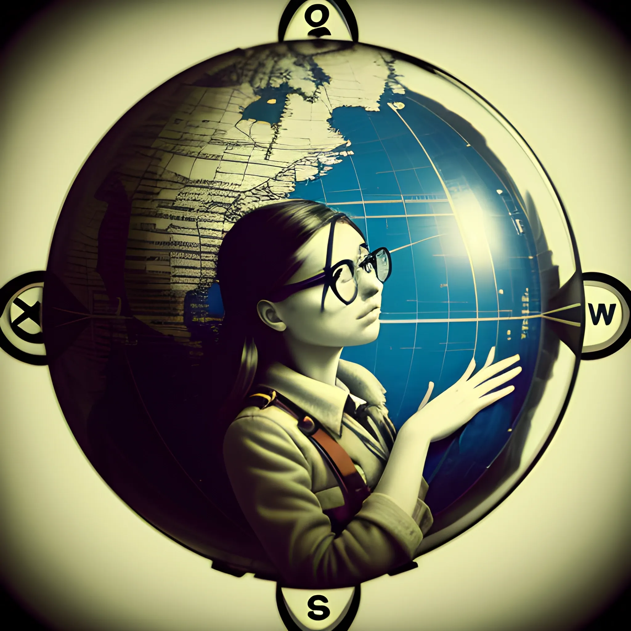 make a portrait of a female explorer standing by a window, leaning on a giant globe, compass glasses flying in the air, chaotic background, 3D, Trippy,  eerie atmosphere, close up, angular perspective , Pencil Sketch, Realism, Contemporary Documentary Photography