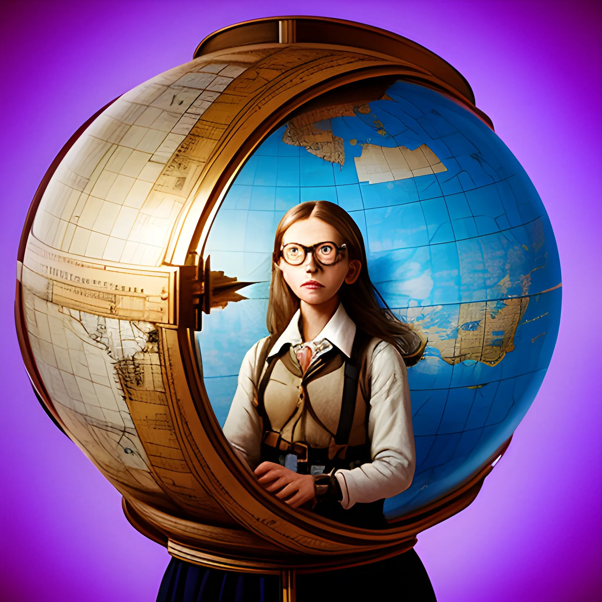 make a portrait of a female explorer standing by a window, leaning on a giant globe, compass glasses flying in the air, chaotic background, 3D, Trippy,  eerie atmosphere, close up, angular perspective, Realism, Contemporary Documentary Photography, Water Color