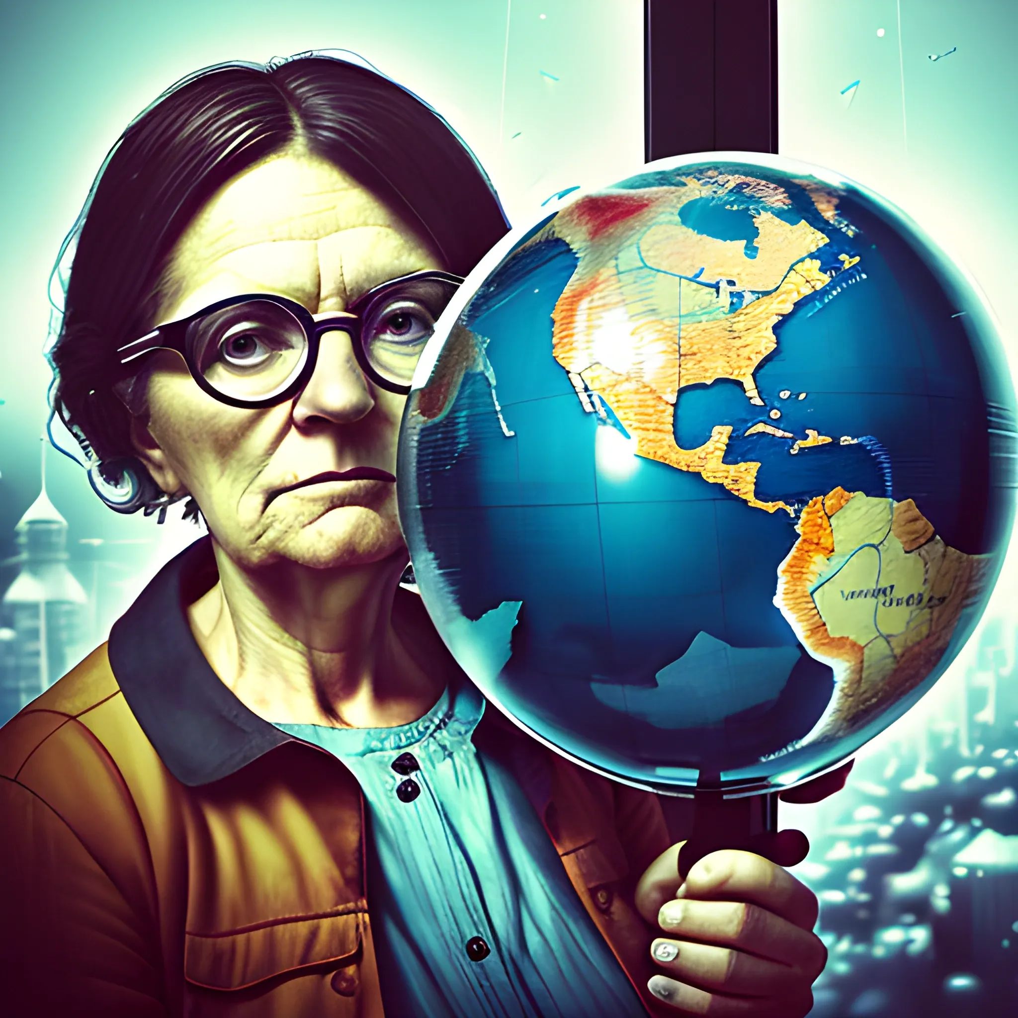 make a portrait of a middle-aged woman explorer standing by a window, leaning on a giant globe, compass glasses flying in the air, chaotic background, 3D, Trippy,  eerie atmosphere, close up, angular perspective, Realism, Contemporary Documentary Photography, Water Color