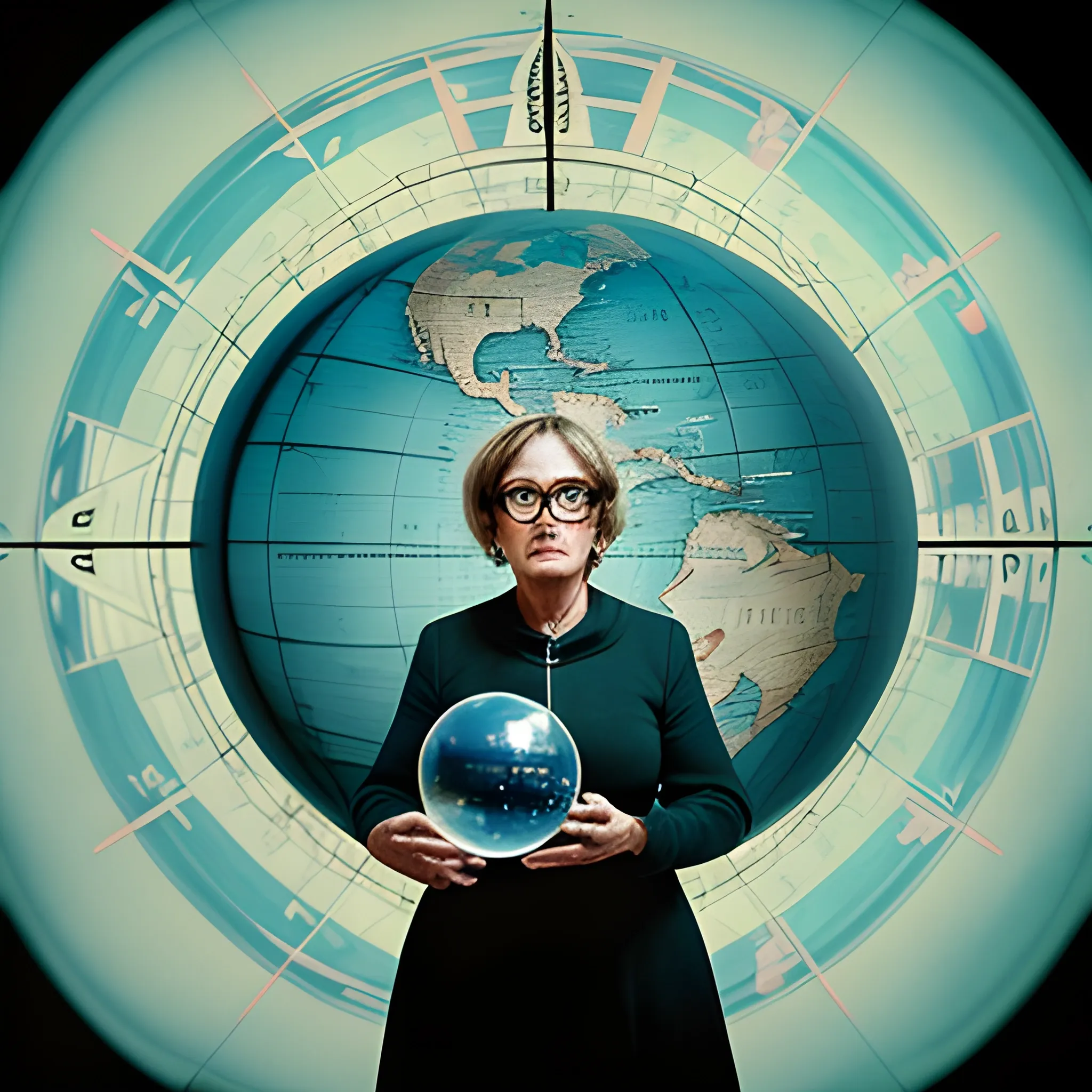 make a portrait of a middle-aged woman explorer standing by a window, leaning on a giant globe, compass glasses flying in the air, chaotic background, 3D, Trippy,  eerie atmosphere, close up, angular perspective, Realism, Contemporary Documentary Photography, Water Color