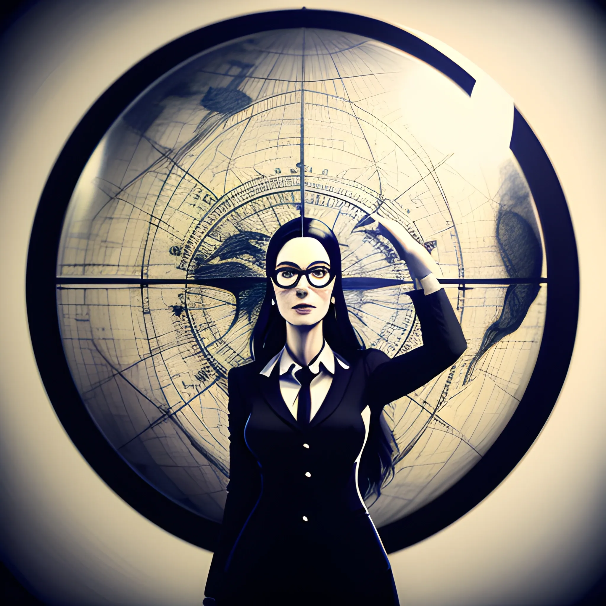 make a portrait of a young female woman explorer standing by a window, leaning on a giant globe, compass glasses flying in the air, chaotic background, 3D, Trippy,  eerie atmosphere, close up, angular perspective, Realism, Contemporary Documentary Photography, , Pencil Sketch