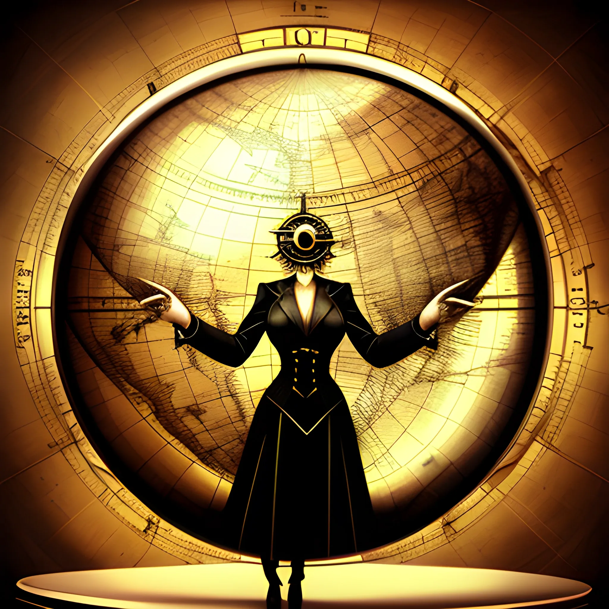 make a portrait of a young female woman explorer standing by a window, leaning on a giant globe, compass glasses flying in the air, chaotic background, 3D, Trippy,  eerie atmosphere, close up, angular perspective, Realism, Renaissance, Pencil Sketch