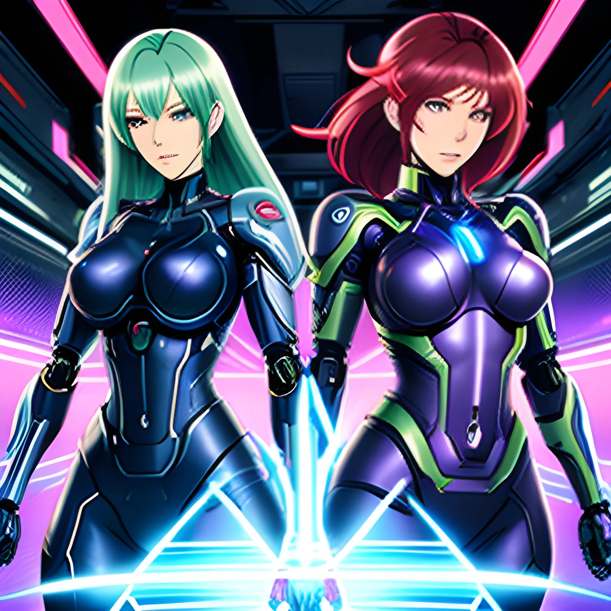 In a futuristic classroom, two anime girls with cybernetic enhancements engage in a high-tech battle, their weapons and abilities creating a stunning display of light and color.