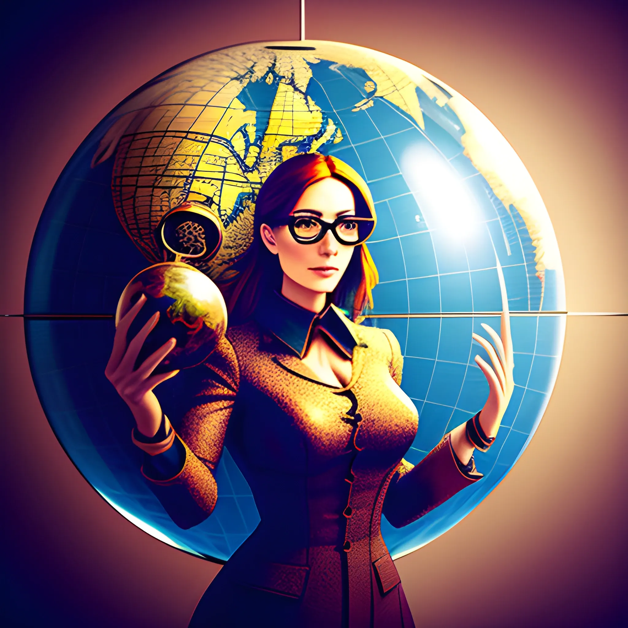 make a portrait of a young female woman explorer standing by a window, leaning on a giant globe, compass glasses flying in the air, chaotic background, 3D, Trippy,  eerie atmosphere, close up, angular perspective, Realism, Renaissance, Pencil Sketch