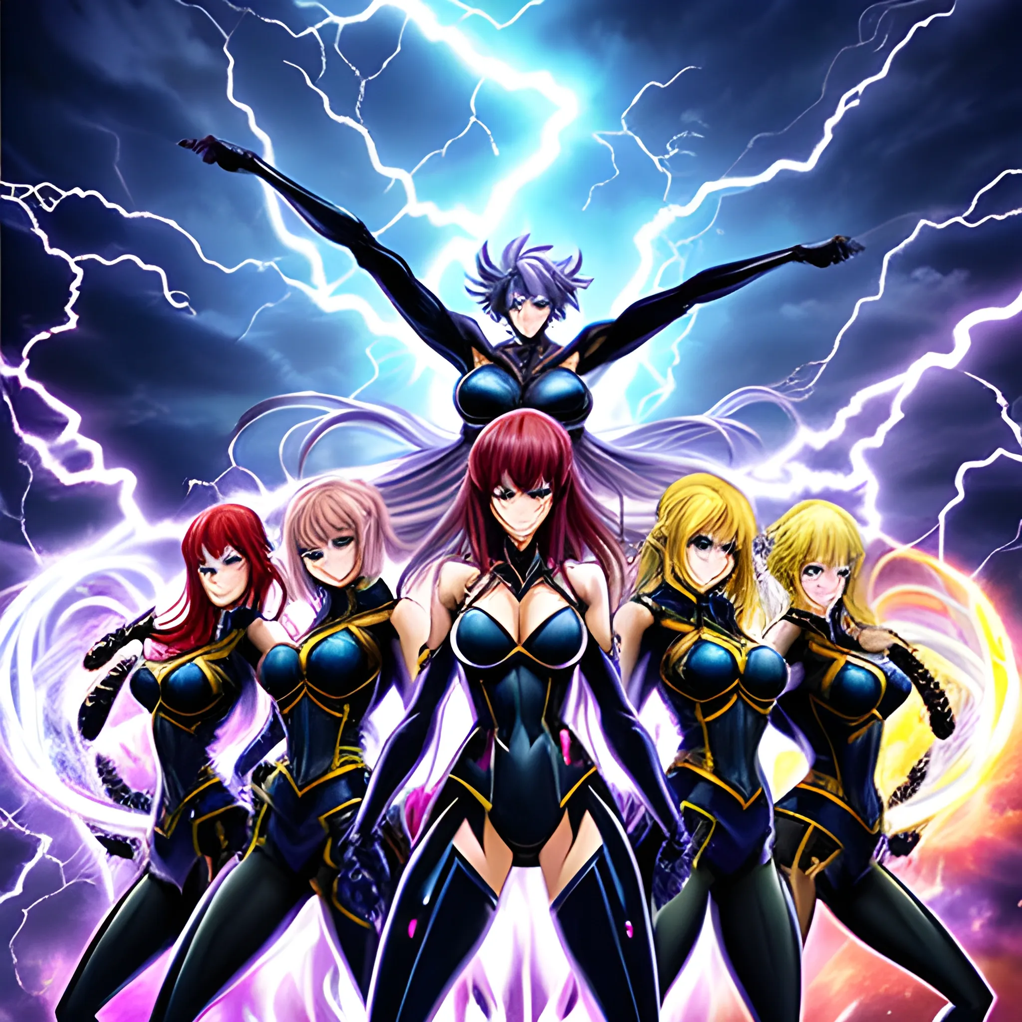 A group of anime girls, each representing a different element, fight for control of a classroom that has been transformed into a mystical battleground, with swirling winds and crackling lightning adding to the intensity of the scene.