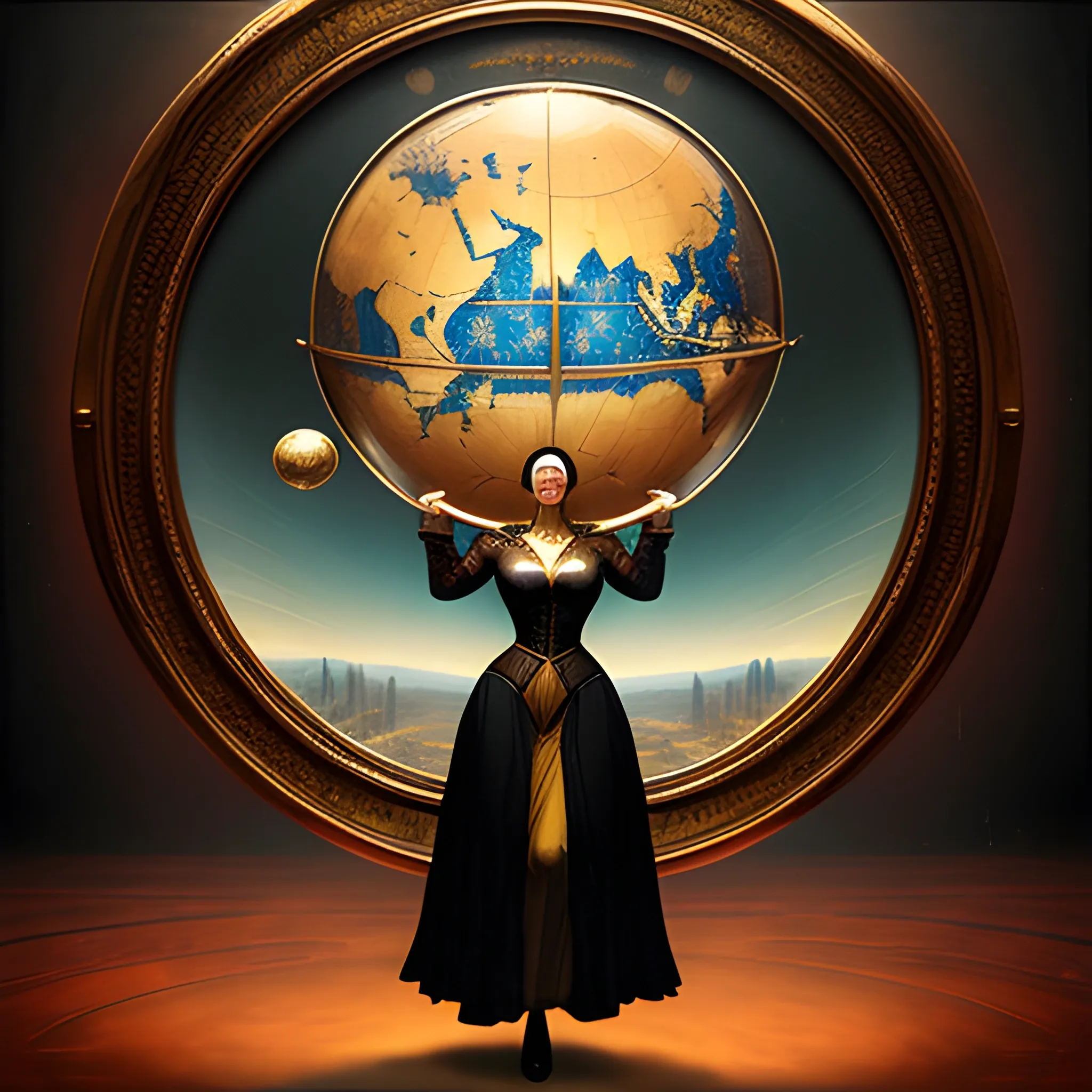 make a portrait of a young female woman explorer standing by a window, leaning on a giant globe, compass glasses flying in the air, chaotic background, 3D, Trippy,  eerie atmosphere, close up, angular perspective,  Renaissance, Oil Painting by Michelangelo