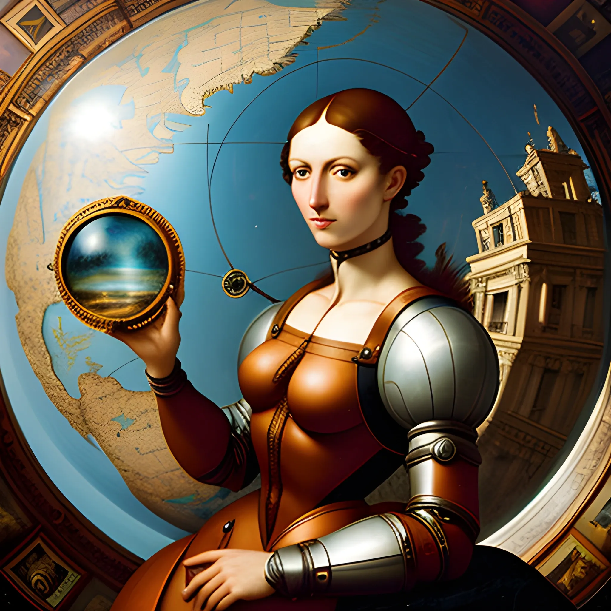 portrait of a young female explorer standing by a window, leaning on a giant globe,  chaotic background, compasses binoculars magnifying glass maps flying in the air,3D, Trippy,  eerie atmosphere, close up, angular perspective,  Renaissance, Oil Painting by Michelangelo
