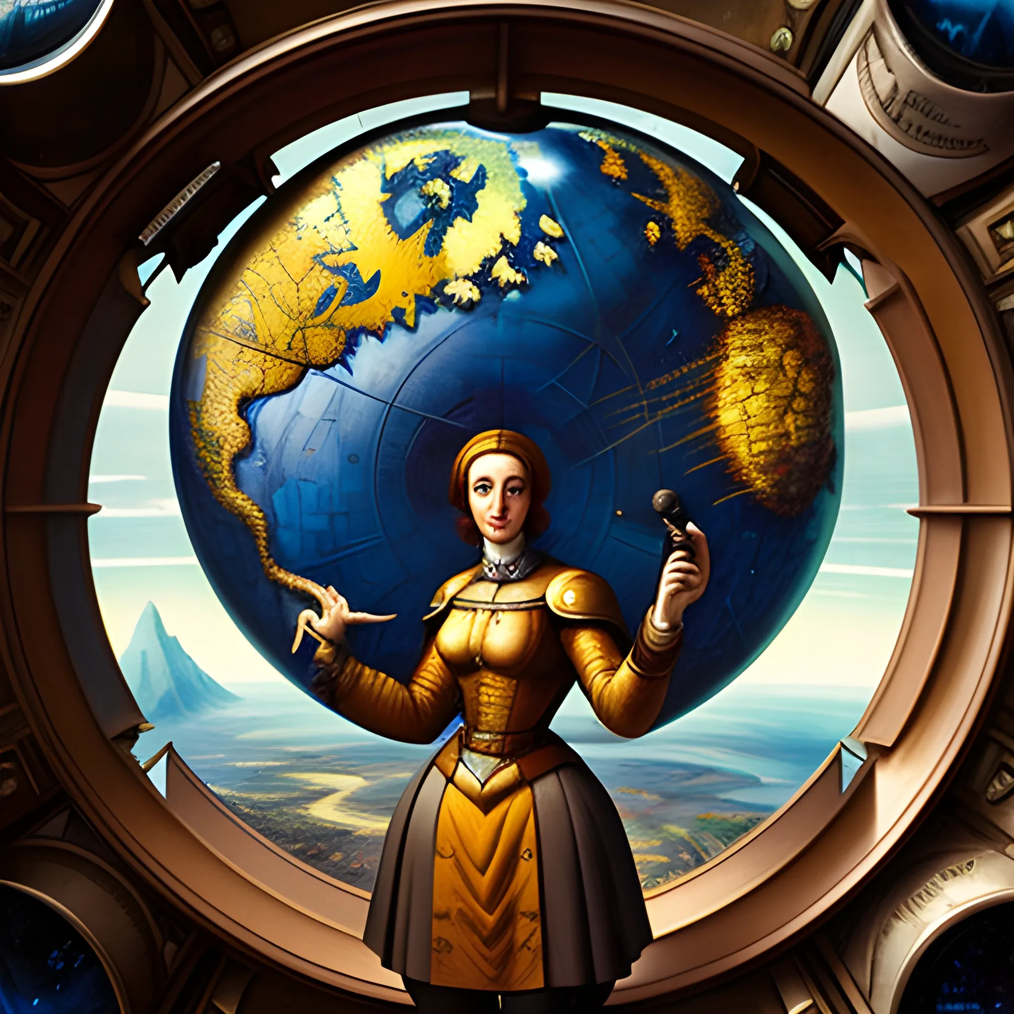 portrait of a young female explorer standing by a window, leaning on a giant globe,  chaotic background, compasses binoculars magnifying glass maps flying in the air,3D, Trippy,  eerie atmosphere, close up, angular perspective,  Renaissance, Oil Painting by Michelangelo