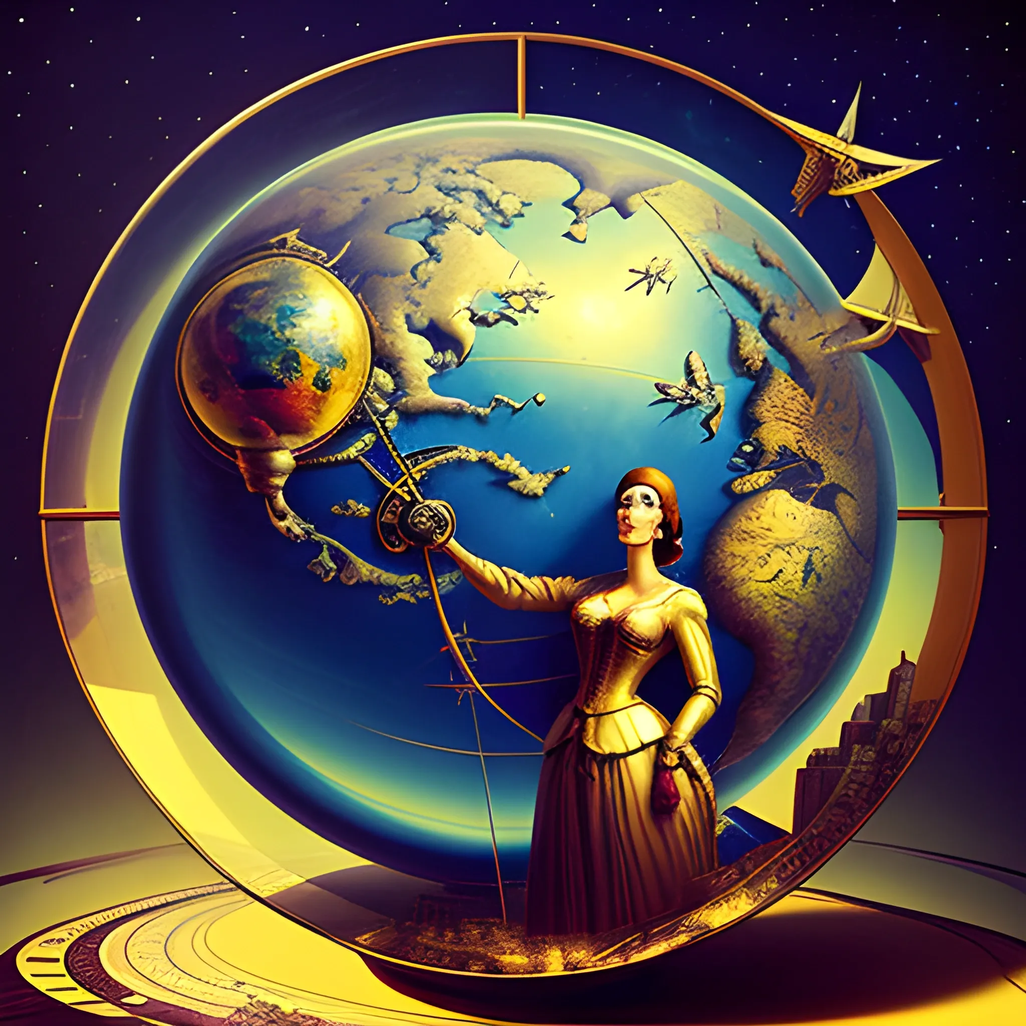 portrait of a young female explorer standing by a window, leaning on a giant globe,  chaotic background, compasses binoculars magnifying glass maps flying in the air,3D, Trippy,  eerie atmosphere, close up, angular perspective,  Renaissance, Oil Painting by Salvador Dalí 