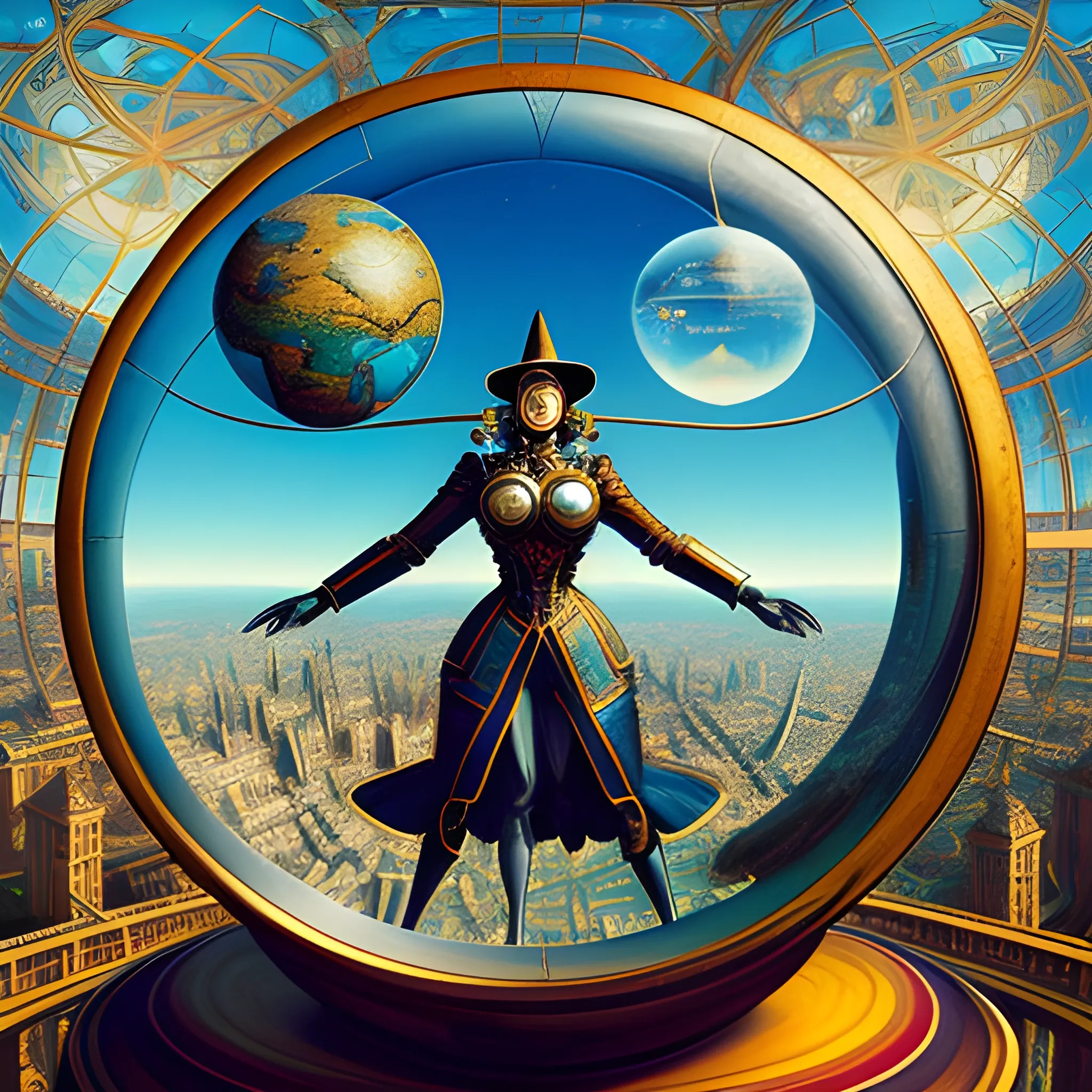 portrait of a young female explorer standing by a window, leaning on a giant globe,  chaotic background, compasses binoculars magnifying glass maps flying in the air,3D, Trippy,  eerie atmosphere, close up, angular perspective, σουρεαλισμος,  Oil Painting by Salvador Dalí 