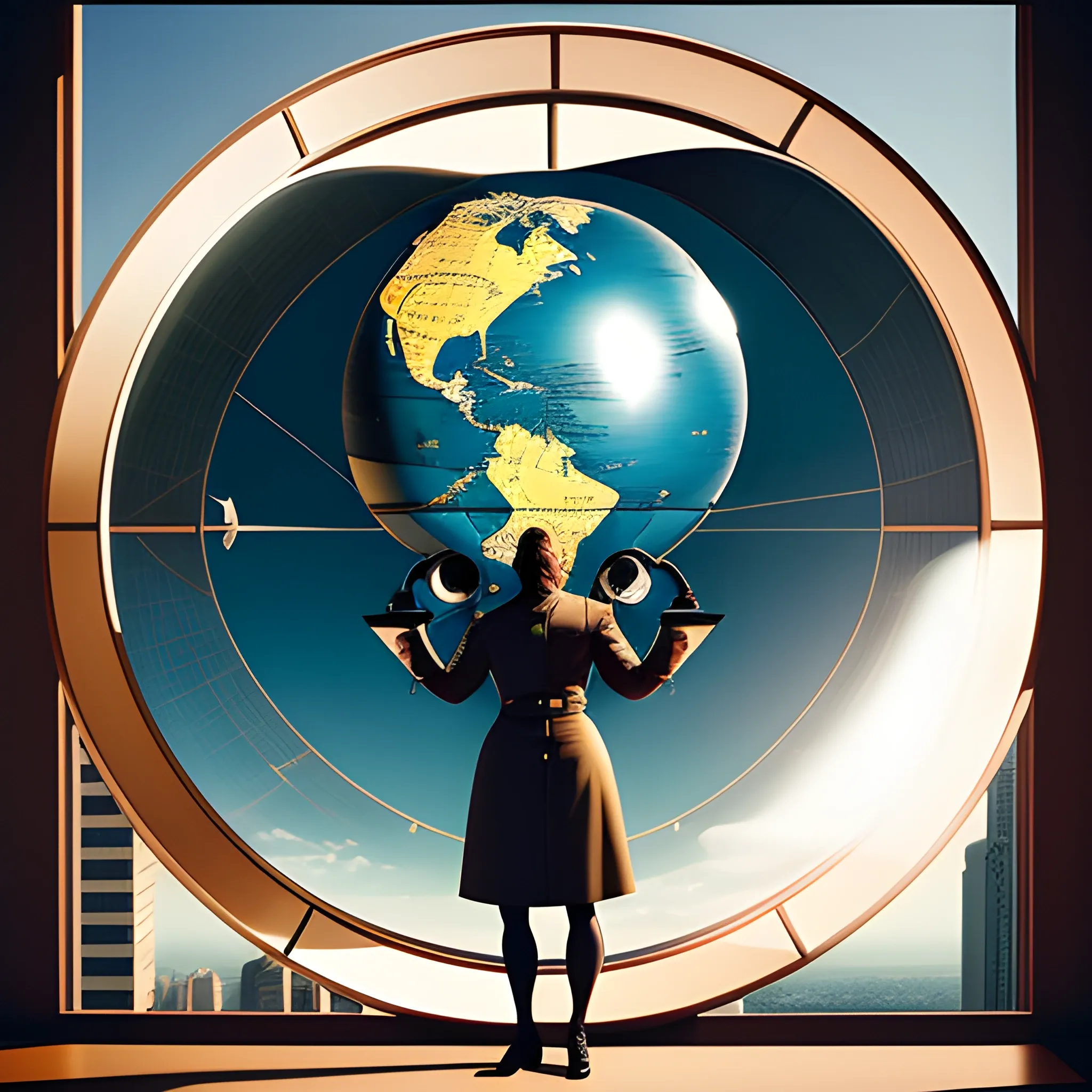Create a portrait of a young female explorer standing by a window, leaning against a giant globe. Compasses, binoculars, magnifying glass and maps fly in the air Romance, Realism, Contemporary Photography Documentary