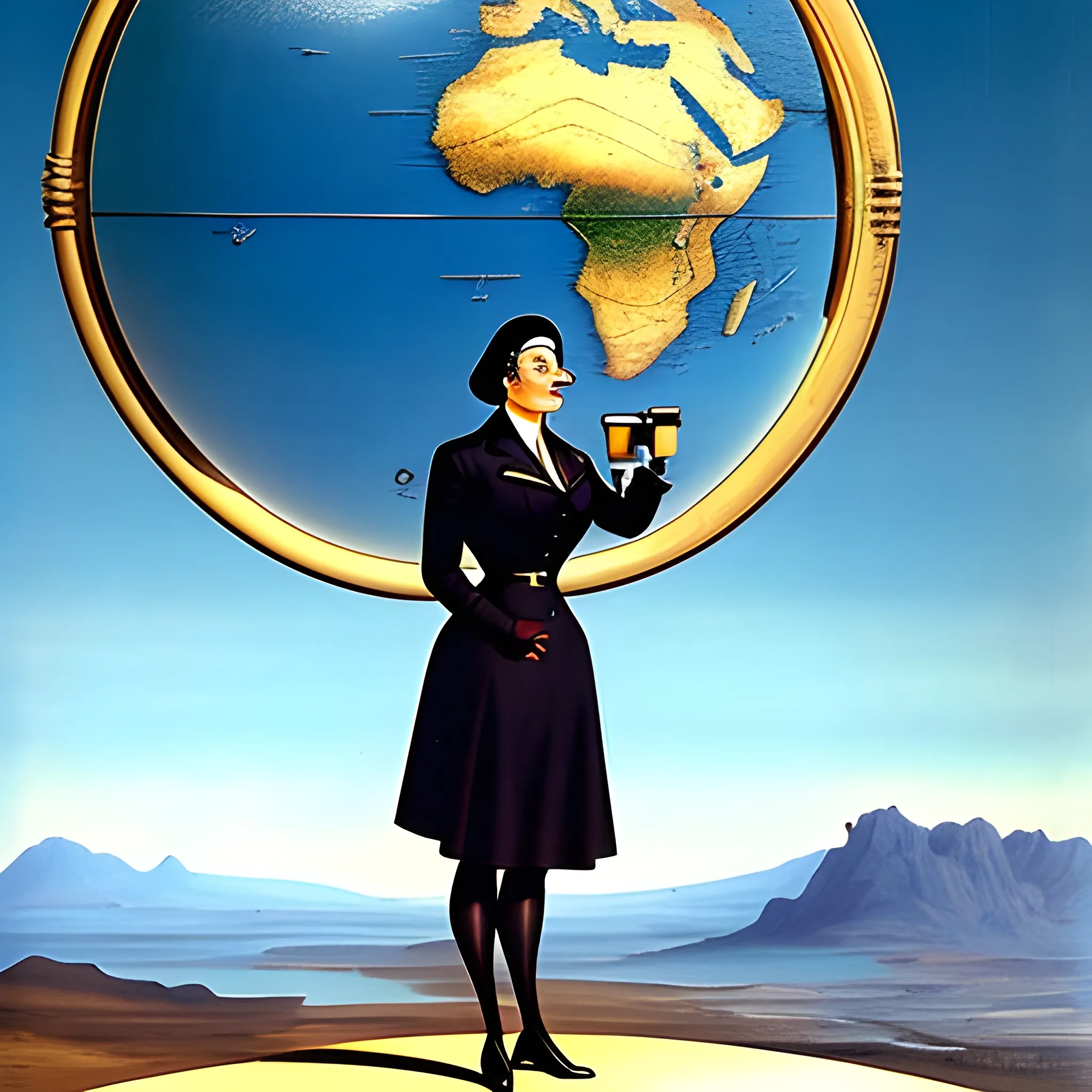 Create a portrait of a young female explorer standing by a window, leaning against a giant globe. Compasses, binoculars, magnifying glass and maps fly in the air, Surrealism by Salvador Dalí 