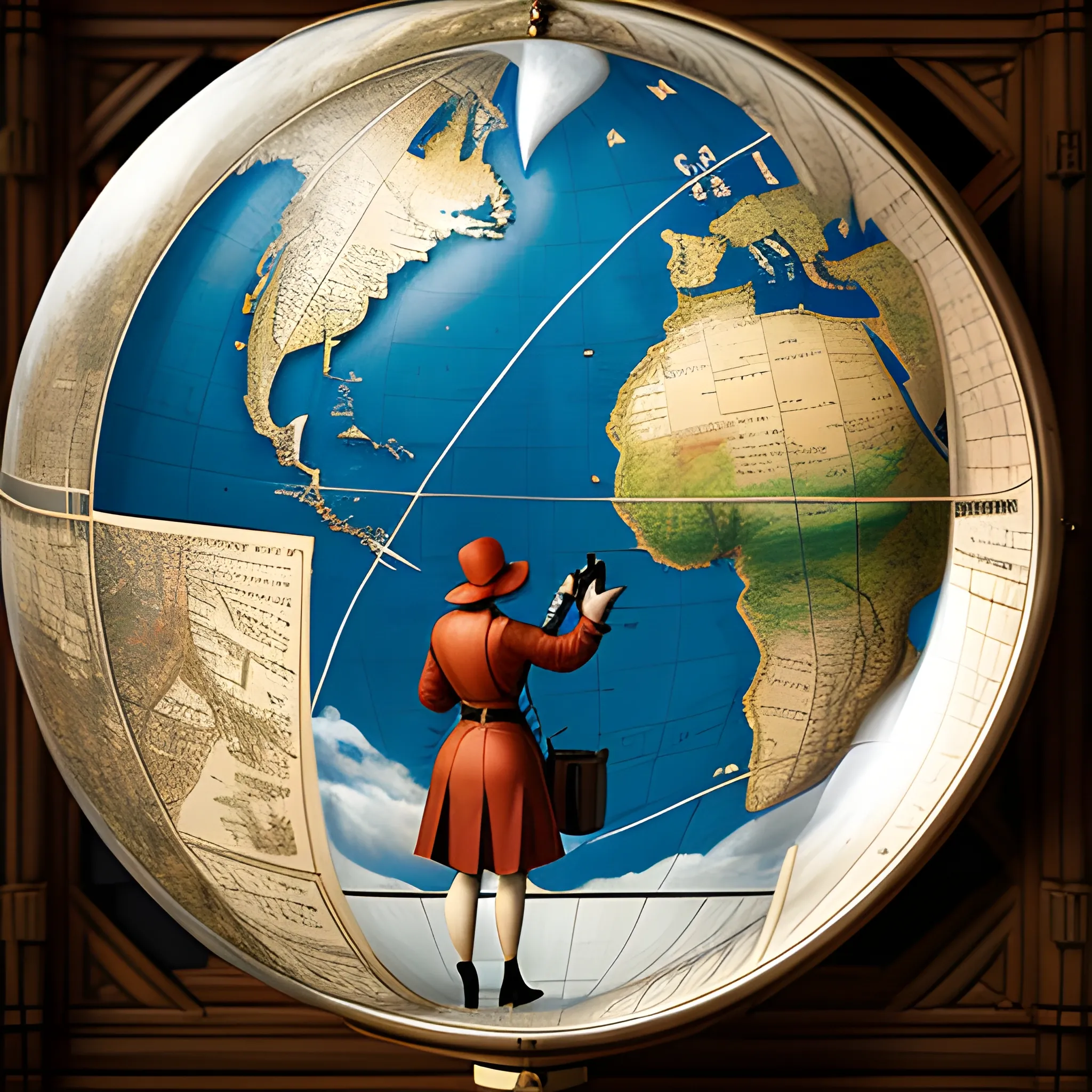 Create a portrait of a young female explorer standing by a window, leaning against a giant globe. Compasses, binoculars, magnifying glass and maps fly in the air, Renaissance by Michelangelo