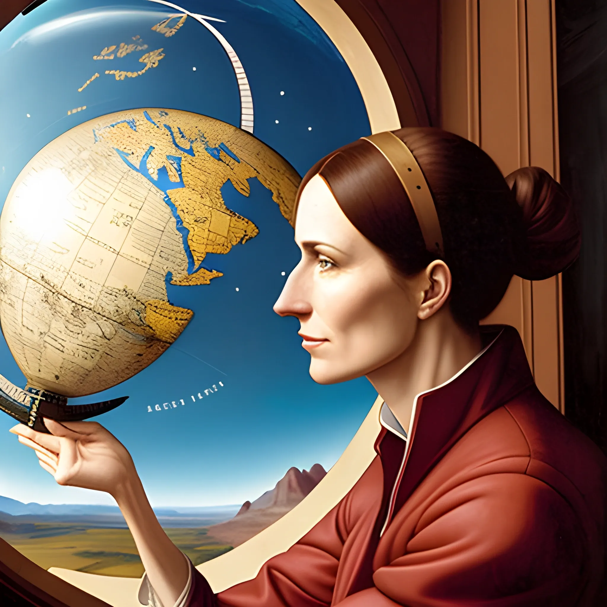 Create a portrait of a young female explorer standing by a window, leaning against a giant globe. Compasses, binoculars, magnifying glass and maps fly in the air, Renaissance by Michelangelo