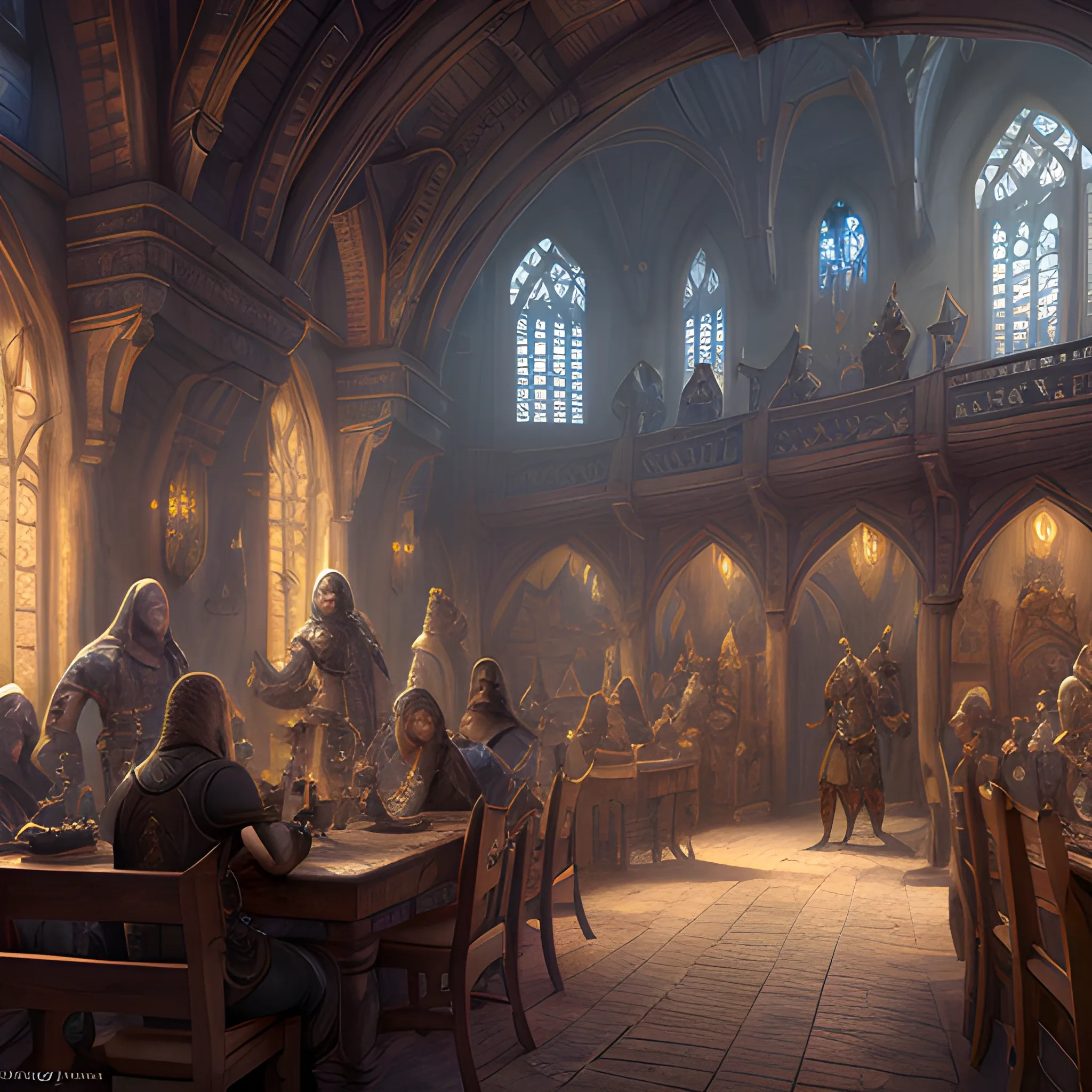 interior, adventurers guild, board, fantasy, people, medieval, 8k, high resolution, high quality, photorealistic, hyperrealistic, detailed, detailed matte painting, deep color, fantastical, intricate detail, splash screen, complementary colors, fantasy concept art, 8k resolution trending on Artstation Unreal Engine