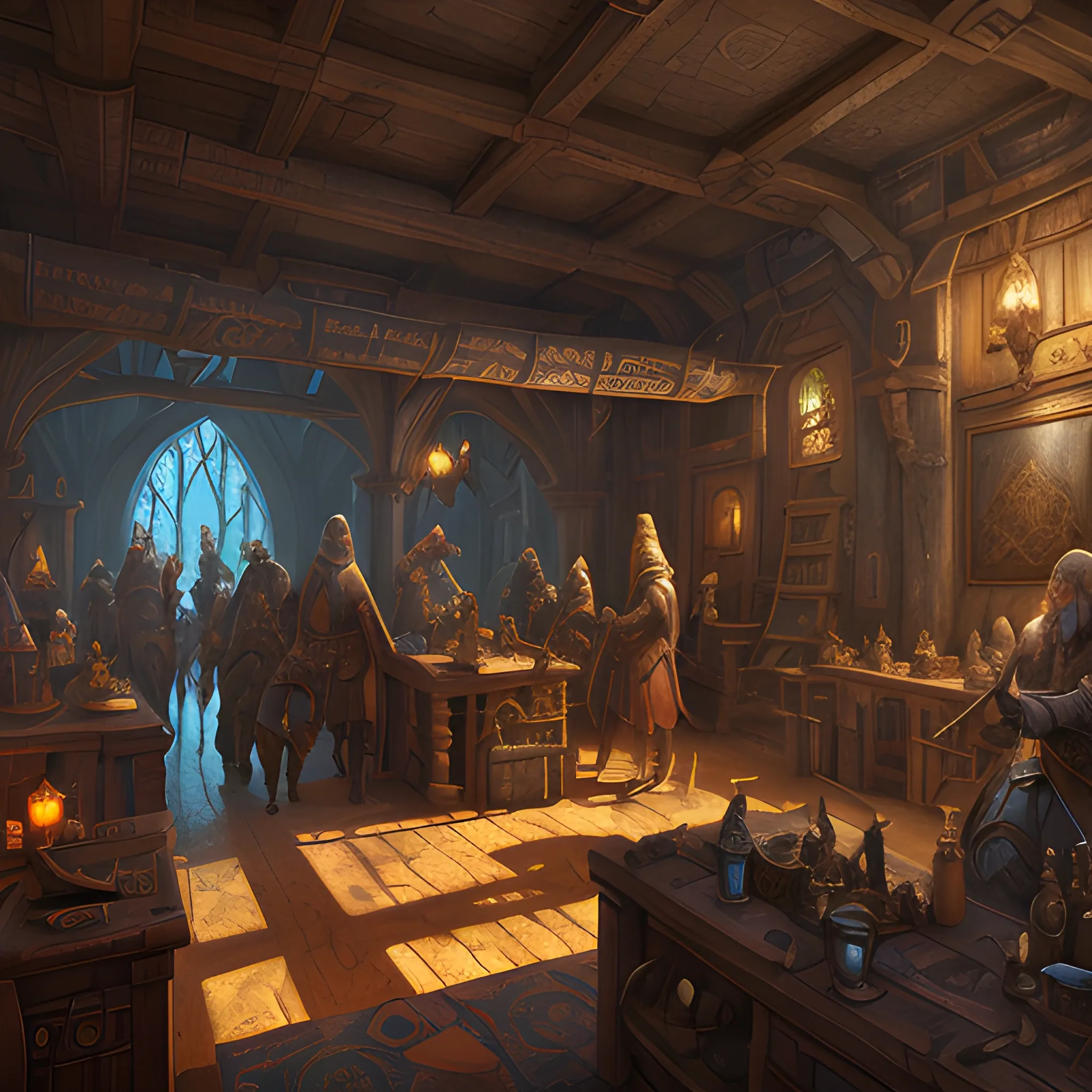 interior, adventurers guild, board with letters, fantasy, people, medieval, 8k, high resolution, high quality, photorealistic, hyperrealistic, detailed, detailed matte painting, deep color, fantastical, intricate detail, splash screen, complementary colors, fantasy concept art, 8k resolution trending on Artstation Unreal Engine