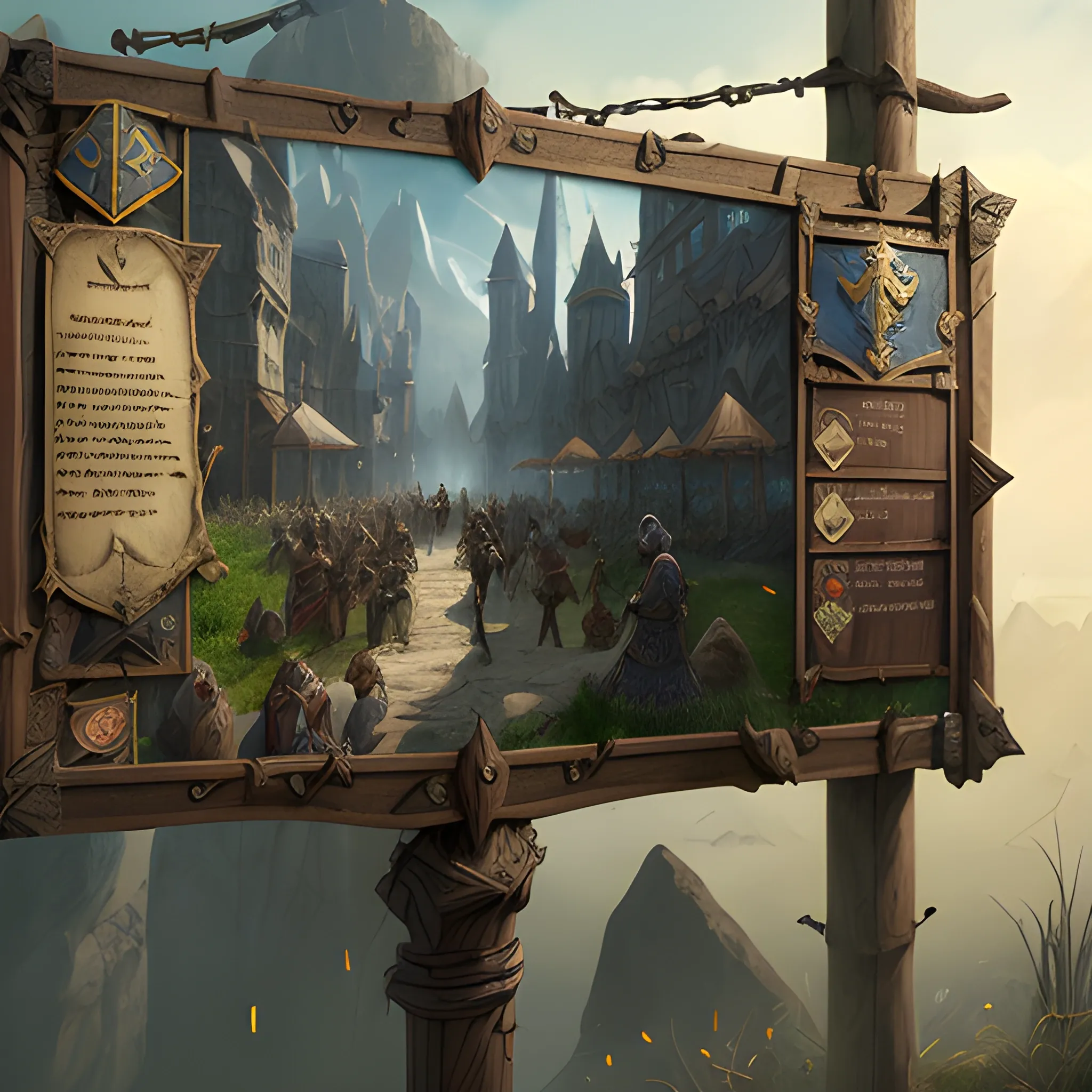 board with letters, notice board, adventurers guild, warriors and mages, medieval, 8k, high resolution, high quality, photorealistic, hyperrealistic, detailed, detailed matte painting, deep color, fantastical, intricate detail, splash screen, complementary colors, fantasy concept art, 8k resolution trending on Artstation Unreal Engine