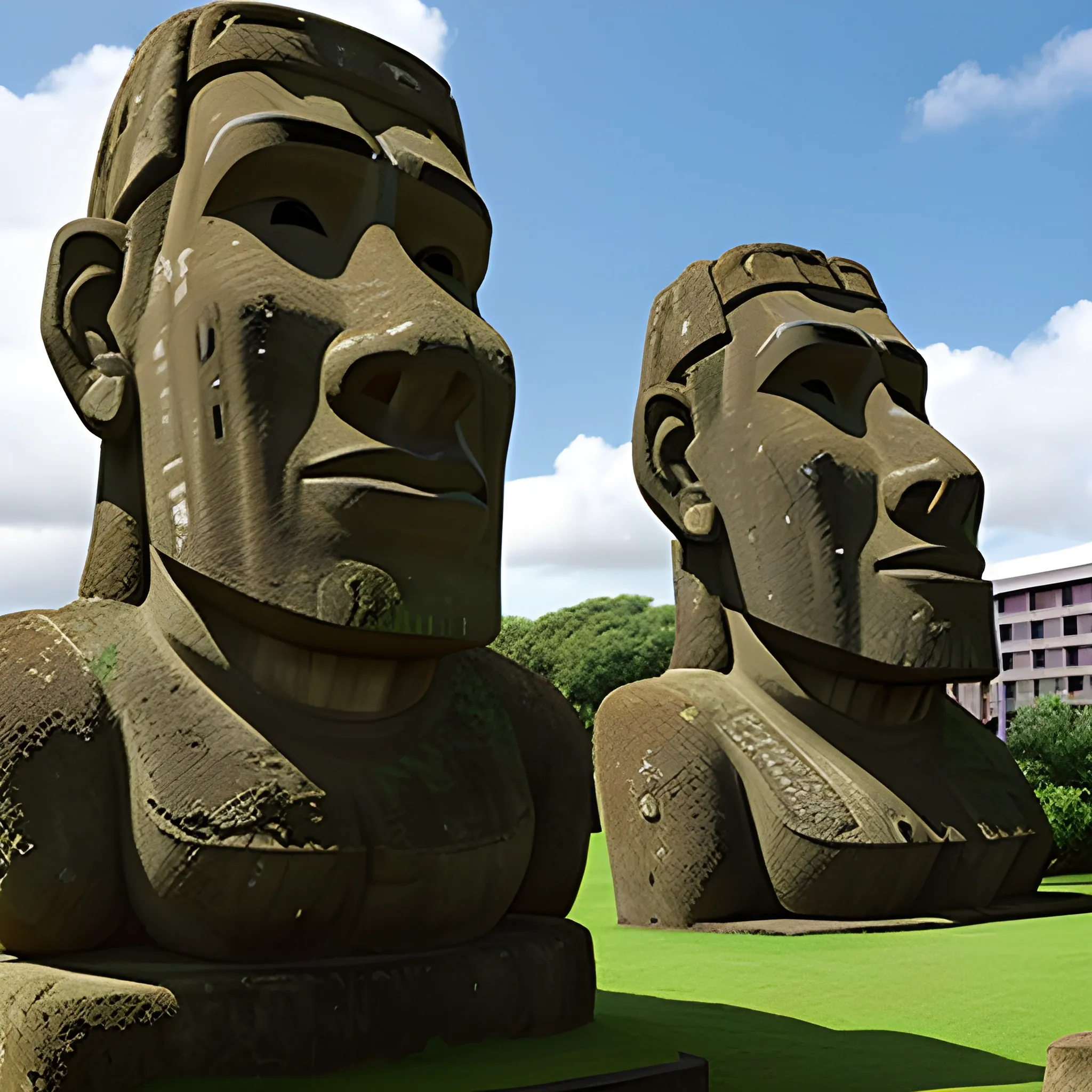 city getting destroyed by giant moai statues