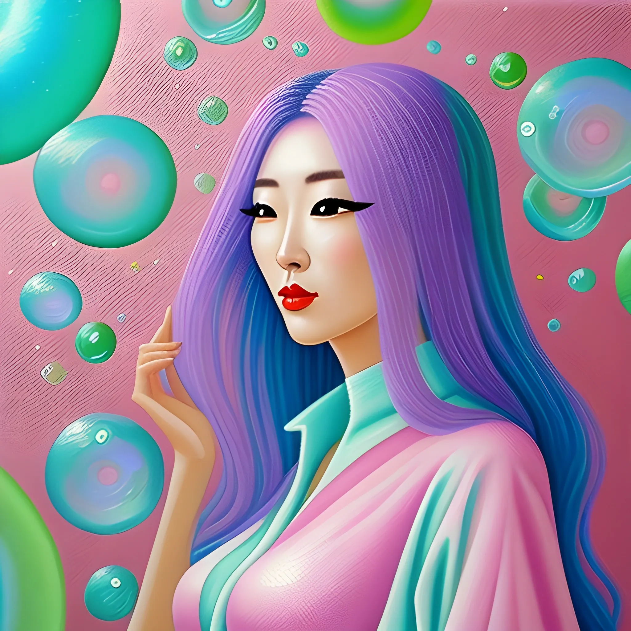 korean girl surrounded by pastel slimy bubbles. mystery and exantricity. Profile view. oil painting 