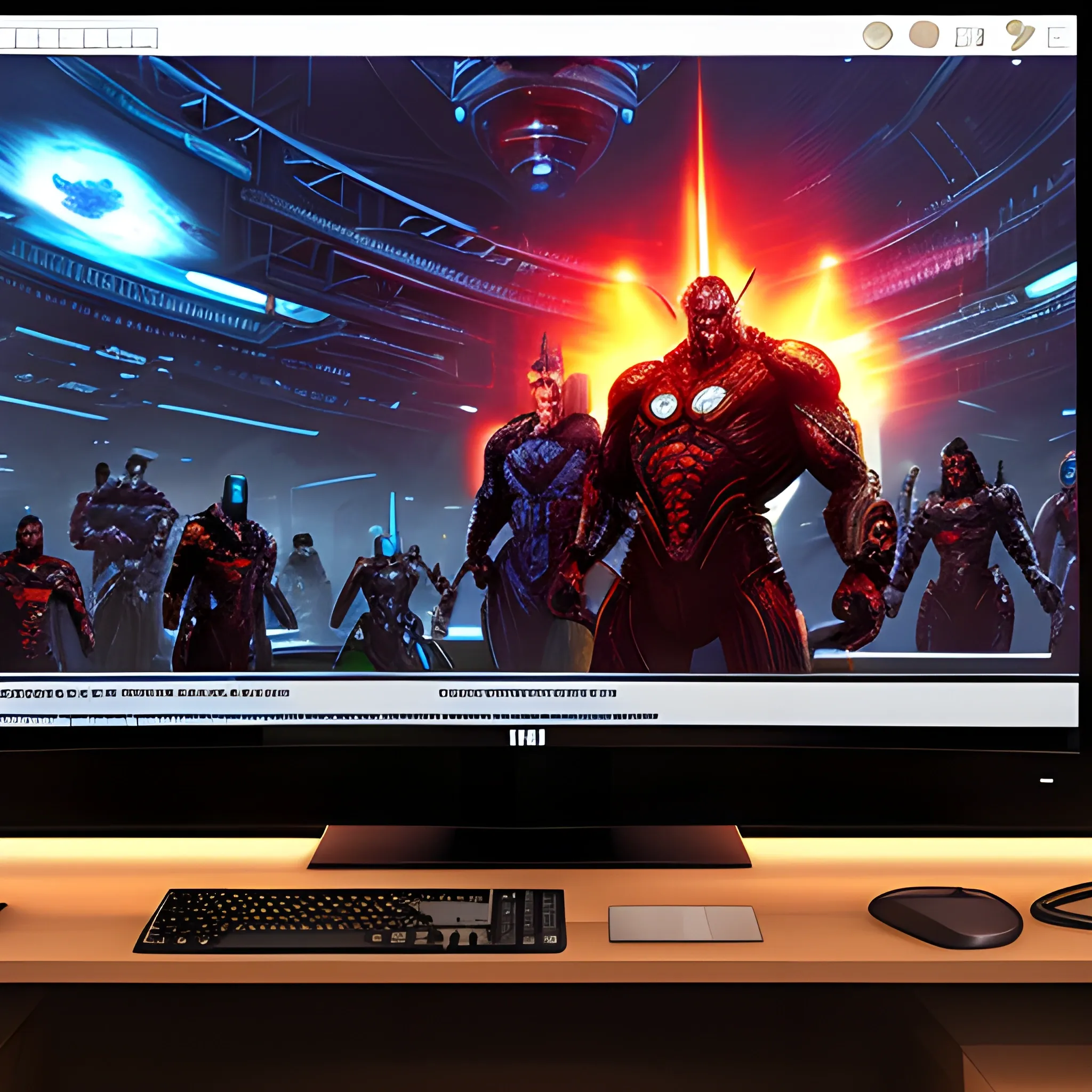 The monitor is turned away from the viewer, a boy is sitting behind the monitor, and a group of characters from sci-fi games and films are standing behind him.