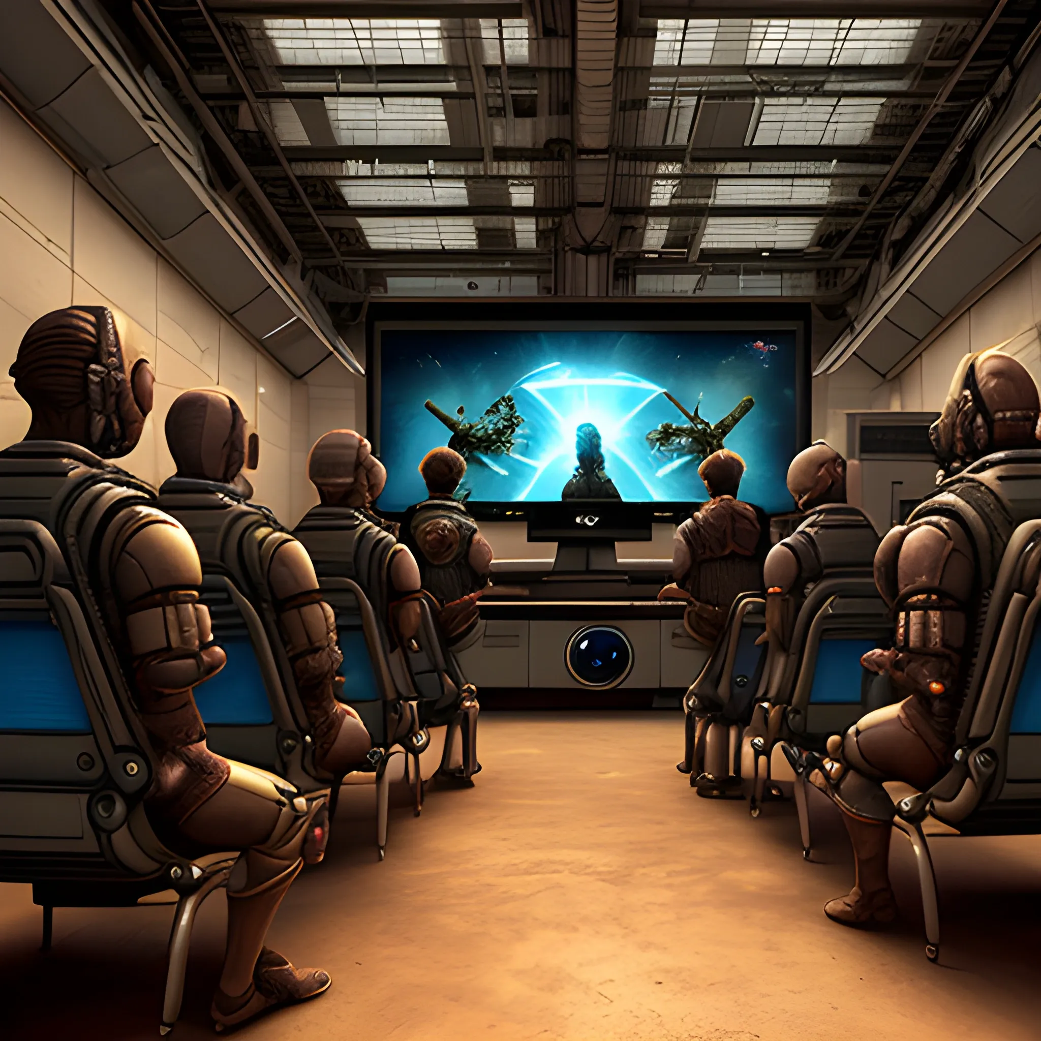 in the foreground there is a monitor with its back turned, a group of people of different ages are sitting and standing behind the monitor, behind them are a group of characters from science fiction games and films