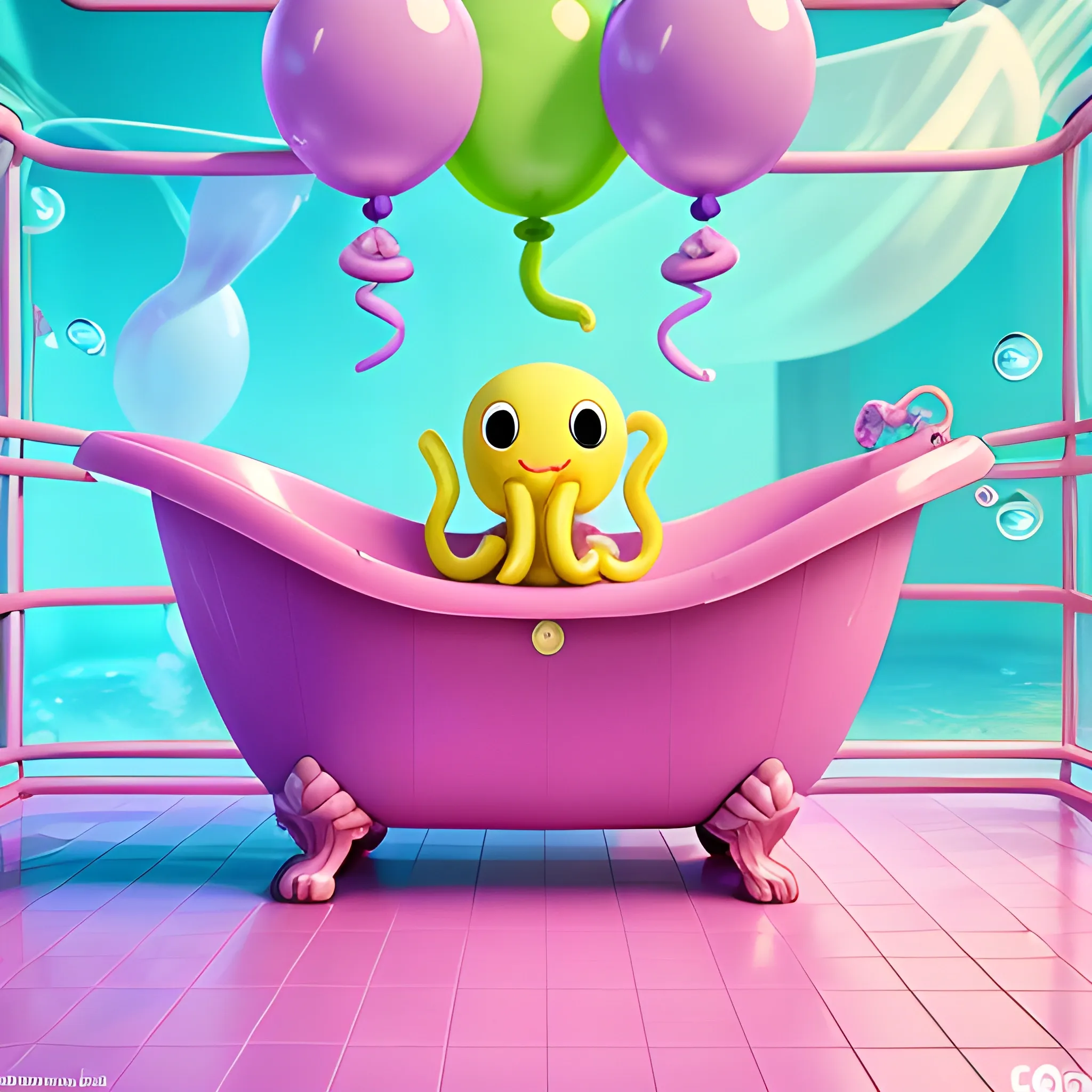 A banana looks like an octopus is relaxing into a bathtub, pink purple light blue and green bubbles, colorful balloons in the air, whimsical details, saturated colors, 3d Zbrush, CGI unreal engine, Cartoon