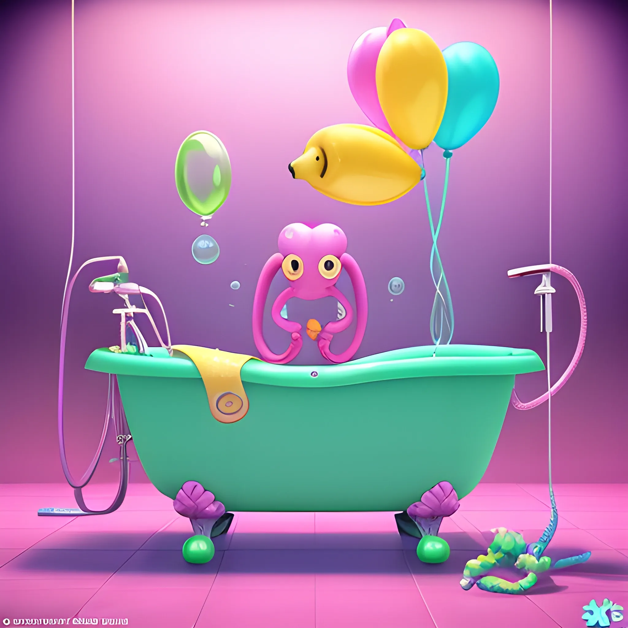 A banana looks like an octopus is relaxing into a bathtub, pink purple light blue and green bubbles, colorful balloons in the air, whimsical details, saturated colors, 3d Zbrush, CGI unreal engine, Cartoon