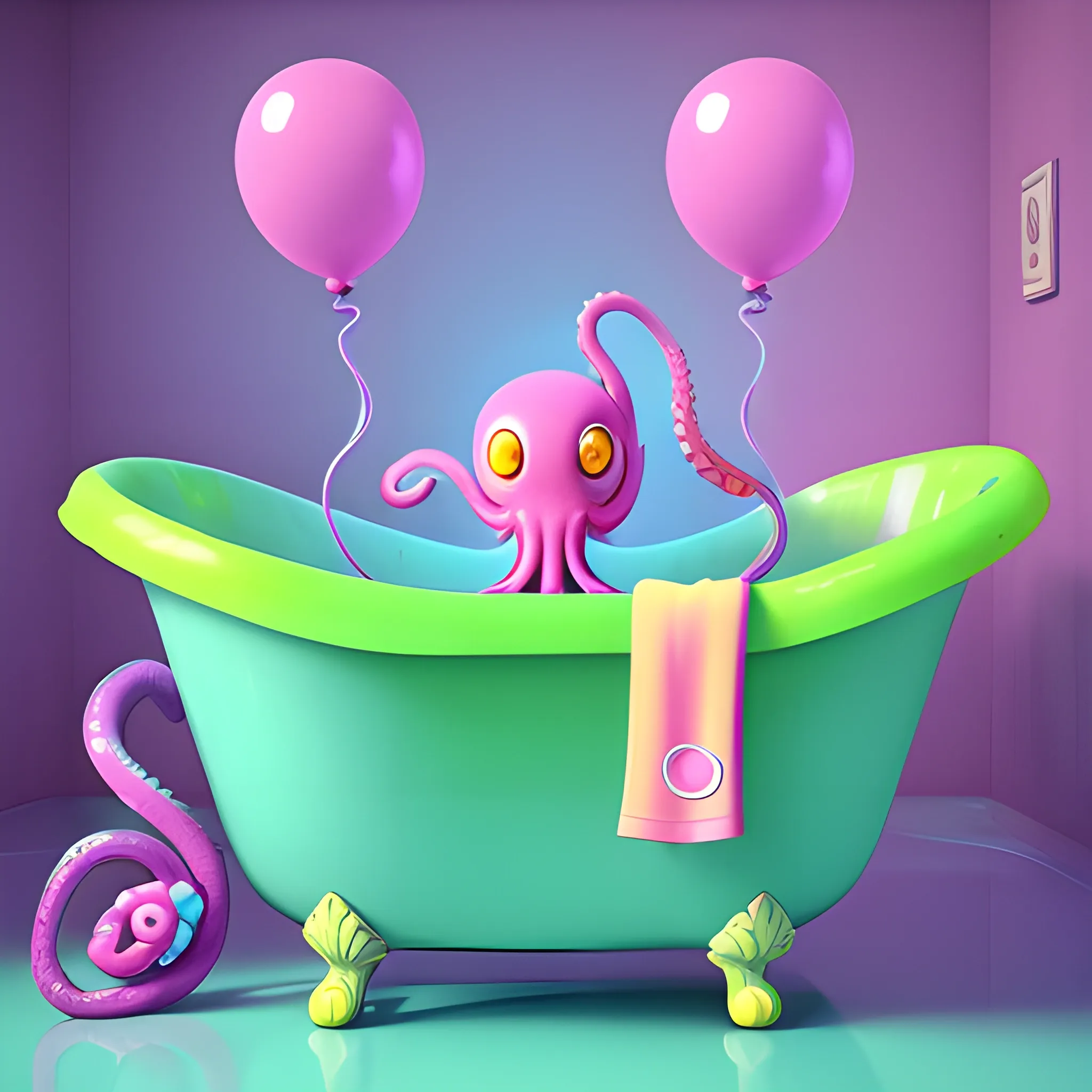 A banana looks like an octopus is relaxing into a bathtub, pink purple light blue and green bubbles, colorful balloons in the air, whimsical details, saturated colors, 3d Zbrush, CGI unreal engine, Cartoon, Water Color 