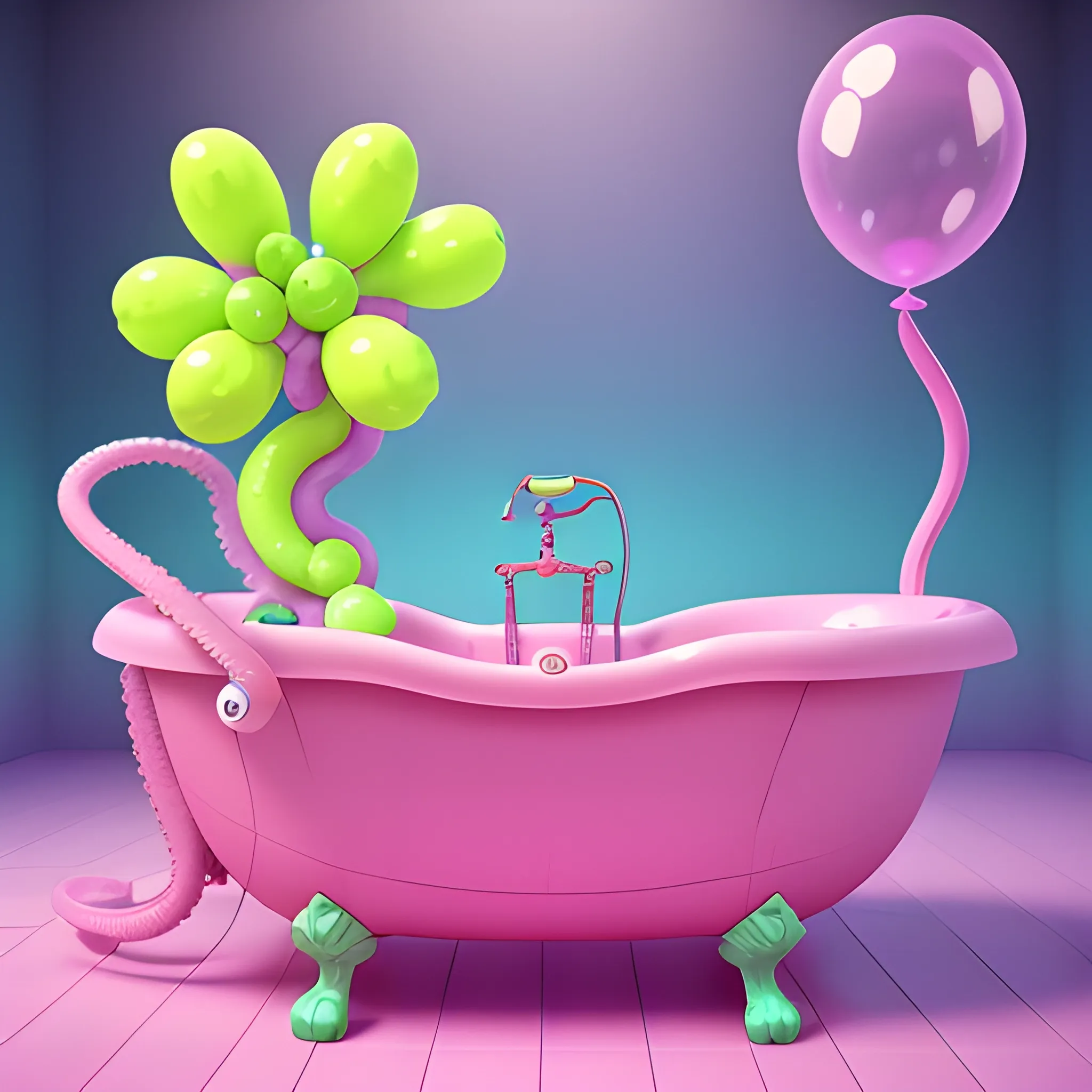 A banana looks like an octopus is relaxing into a bathtub, pink purple light blue and green bubbles, colorful balloons in the air, whimsical details, saturated colors, 3d Zbrush, CGI unreal engine, Cartoon,