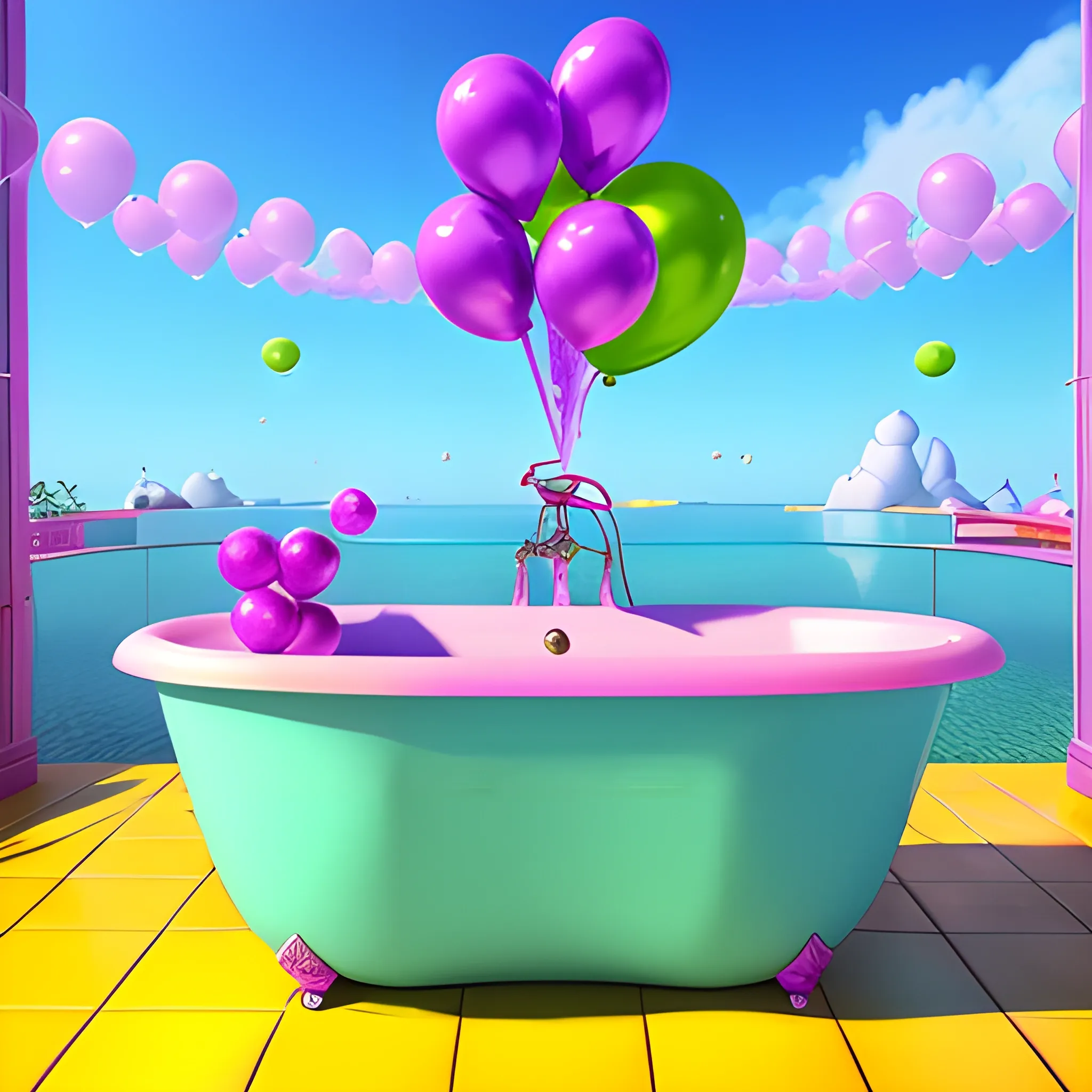 A banana looks like a little girl is relaxing into a bathtub, pink purple light blue and green bubbles, colorful balloons in the air, whimsical details, saturated colors, 3d Zbrush, CGI unreal engine, Cartoon,