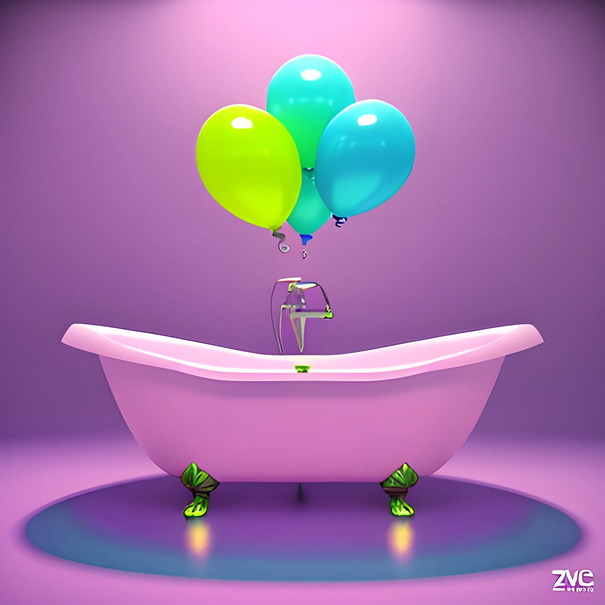 A banana looks like a little girl is relaxing into a bathtub, pink purple light blue and green bubbles, colorful balloons in the air, whimsical details, saturated colors, 3d Zbrush, CGI unreal engine, Cartoon,