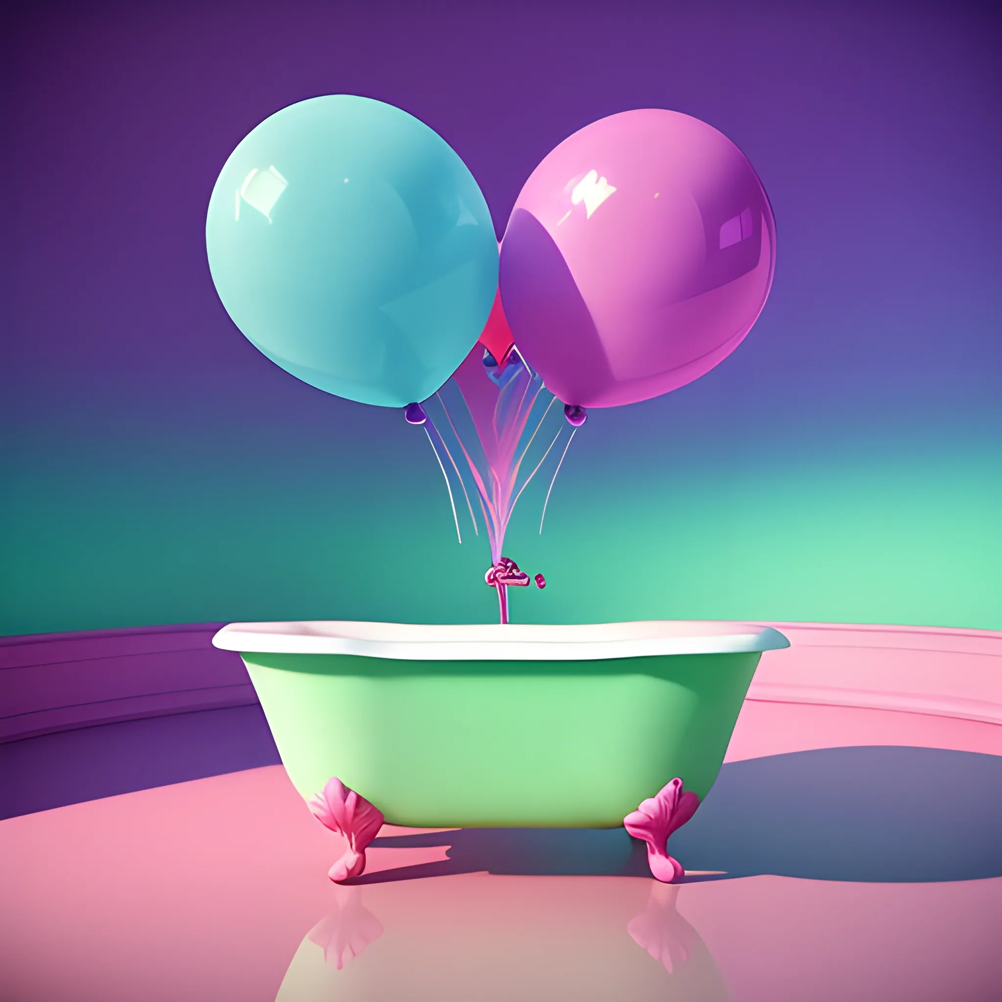  a strawberry  looks like a little girl who is relaxing into a bathtub, pink purple light blue and green bubbles, colorful balloons in the air, saturated colors, 3d Zbrush, CGI unreal engine, whimsical details, Cartoon,