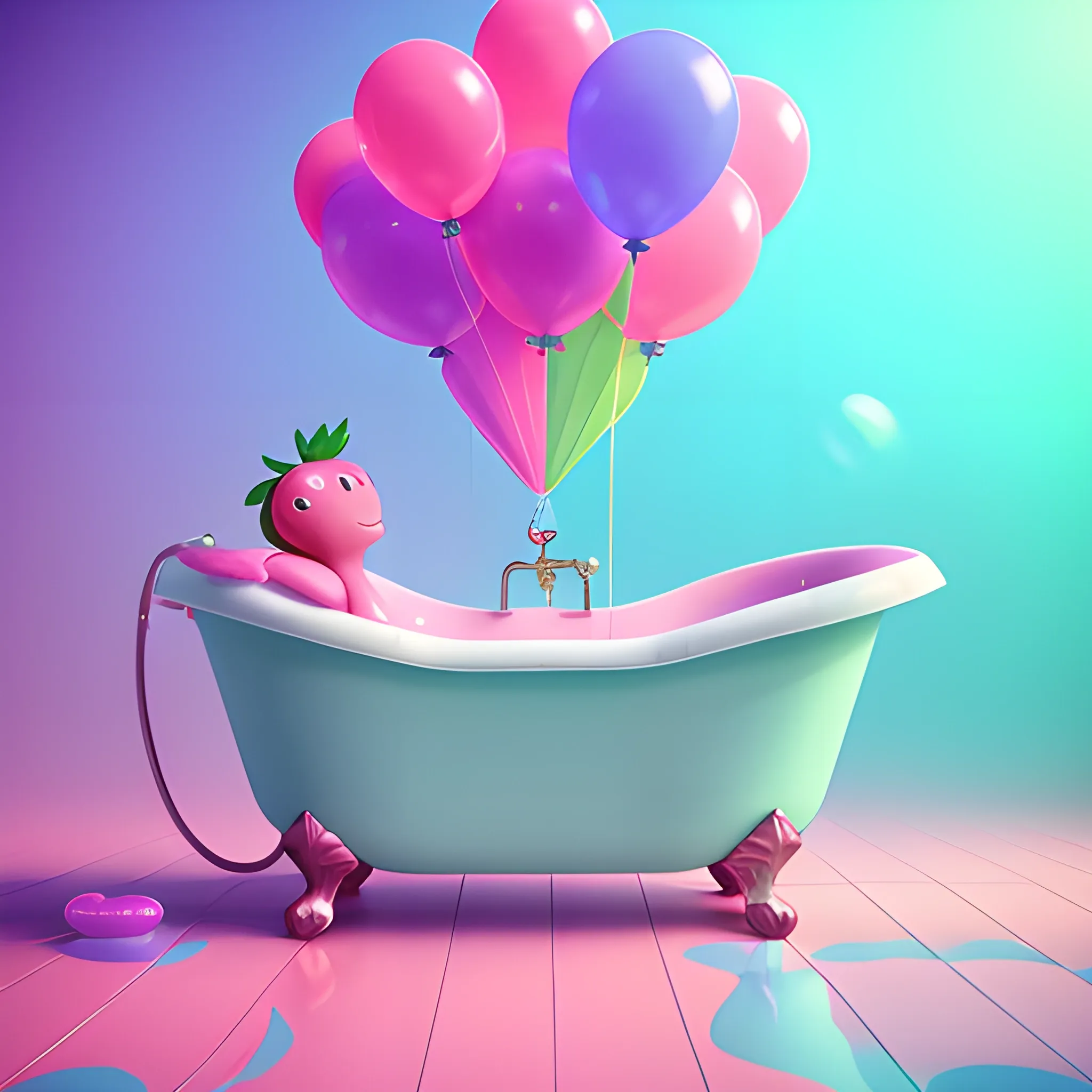  a strawberry is relaxing into a bathtub, pink purple light blue and green bubbles, colorful balloons in the air, saturated colors, 3d ZBrush, CGI unreal engine, whimsical details, Cartoon,