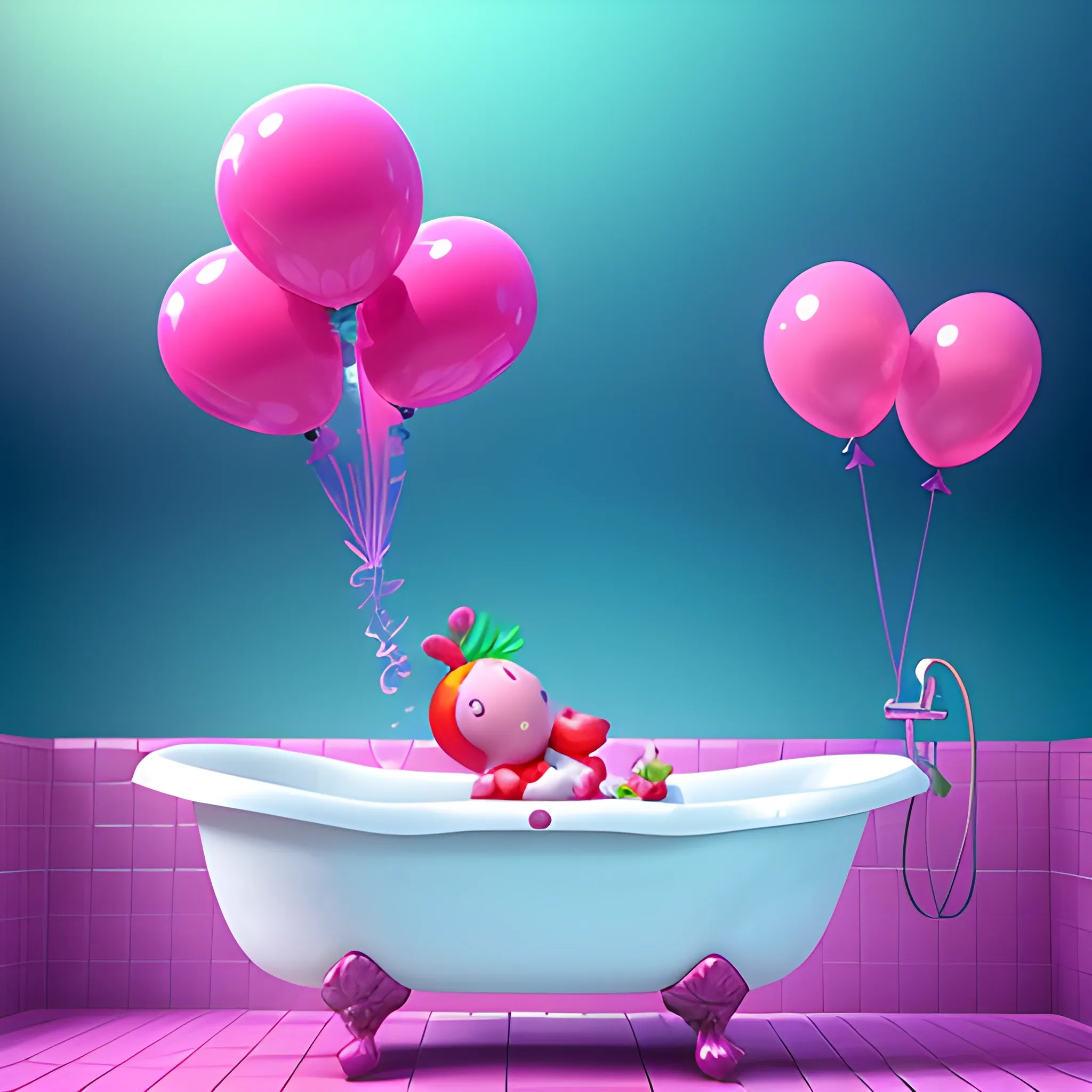 A huge red strawberry is relaxing into a bathtub, pink purple light blue and green bubbles, colorful balloons in the air, saturated colors, 3d ZBrush, CGI unreal engine, whimsical details, Cartoon,