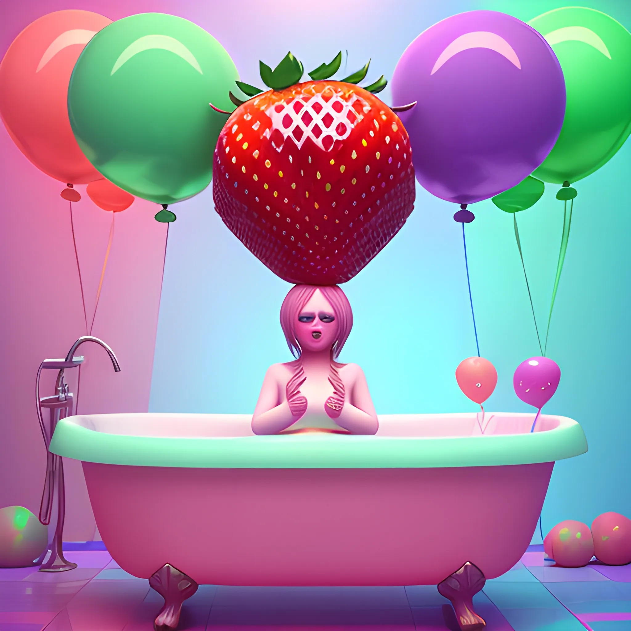 A huge red strawberry with human face relaxing into a bathtub, pink purple light blue and green bubbles, colorful balloons in the air, saturated colors, 3d ZBrush, CGI unreal engine, whimsical details, , Trippy, 3D, Oil Painting