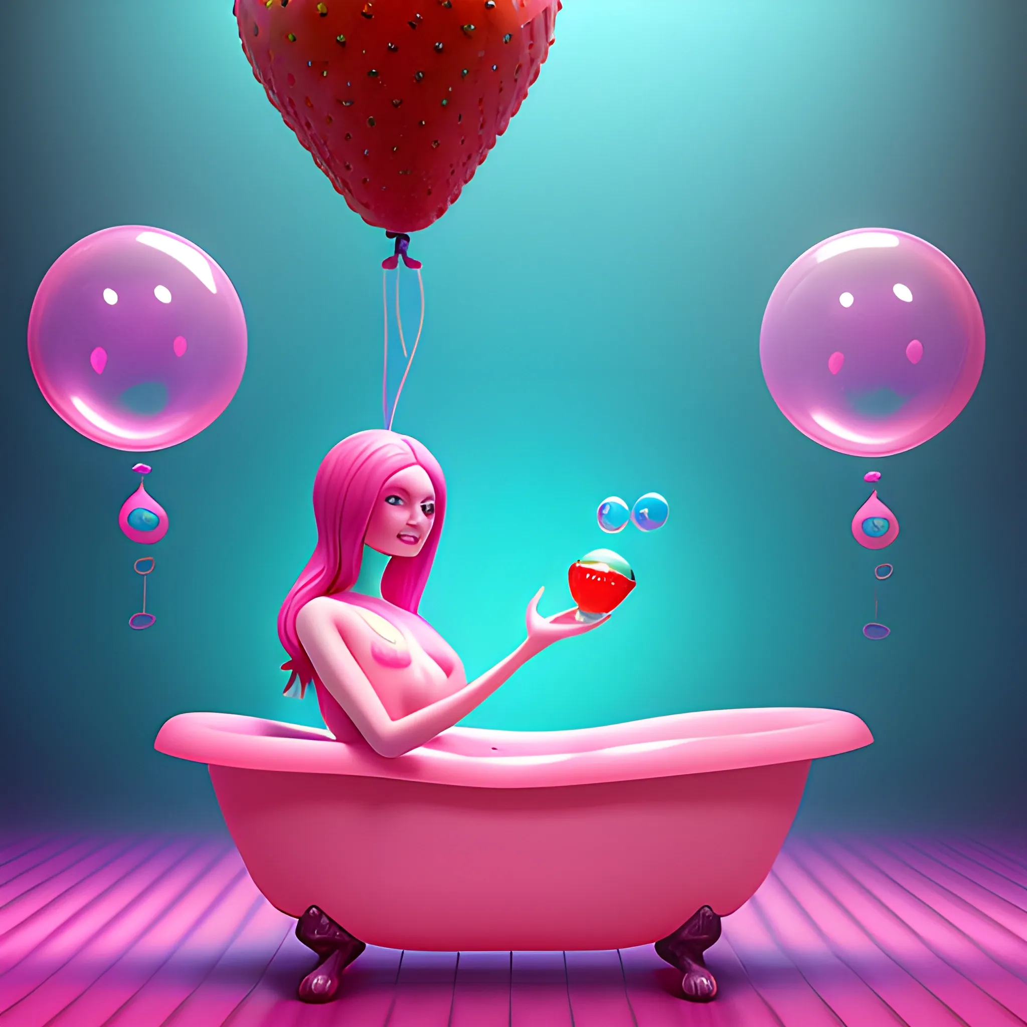 A huge red strawberry with human face relaxing into a bathtub, pink purple light blue and green bubbles, colorful balloons in the air, saturated colors, 3d ZBrush, CGI unreal engine, whimsical details, , Trippy, 3D, Oil Painting