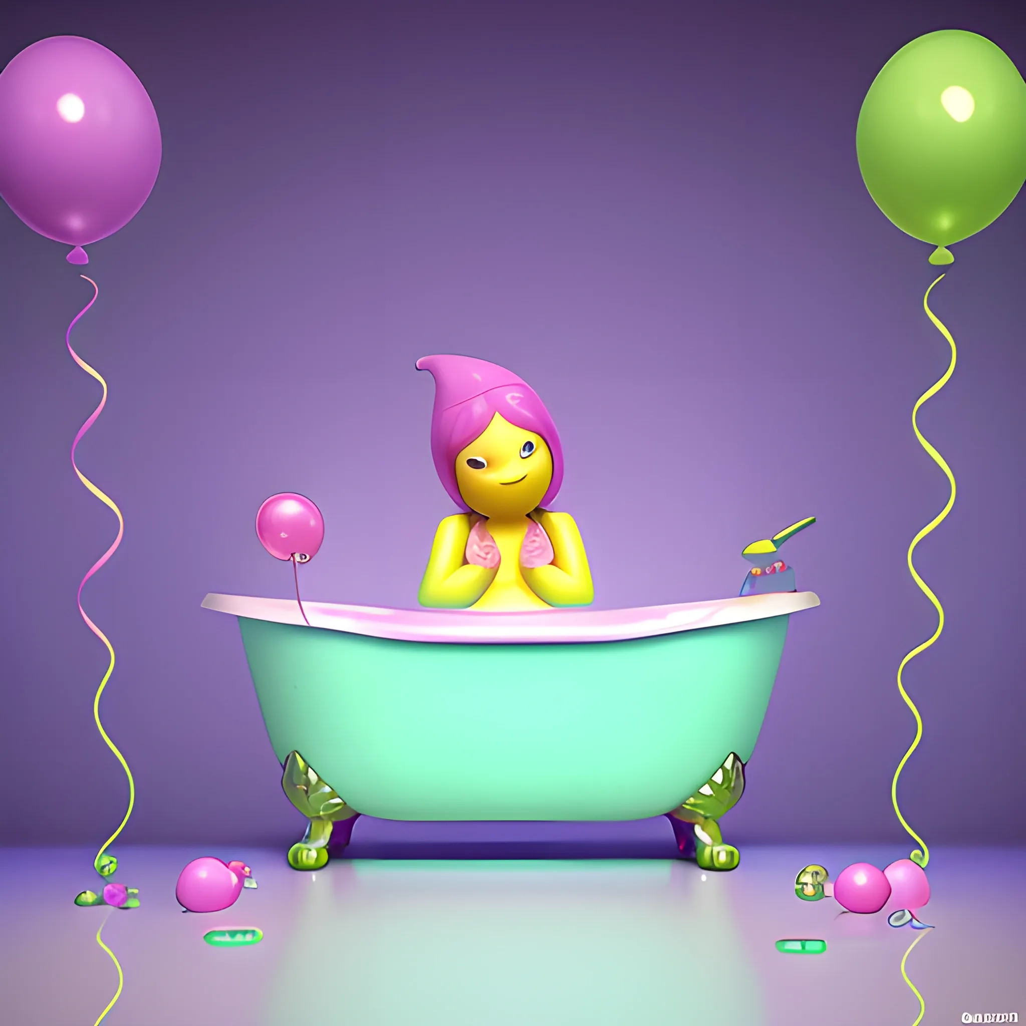 A  banana with human face relaxing into a bathtub, pink purple light blue and green bubbles, colorful balloons in the air, saturated colors, 3d ZBrush, CGI unreal engine, whimsical details, , Trippy, 3D, Oil Painting
