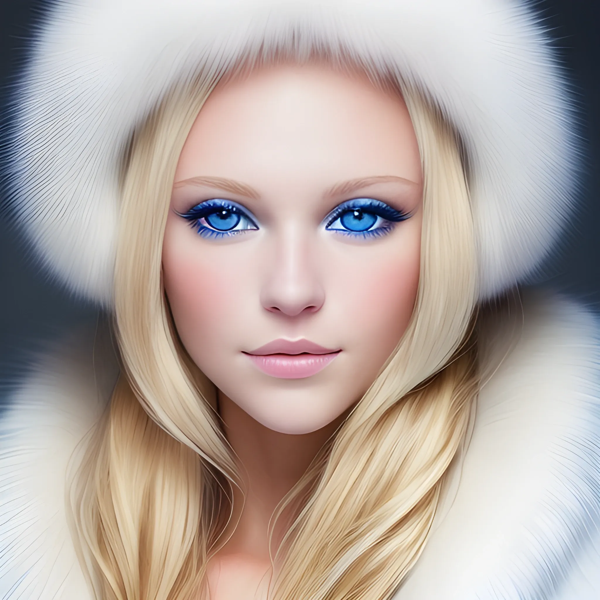 Portrait of a beautiful blonde with blue eyes and white fur