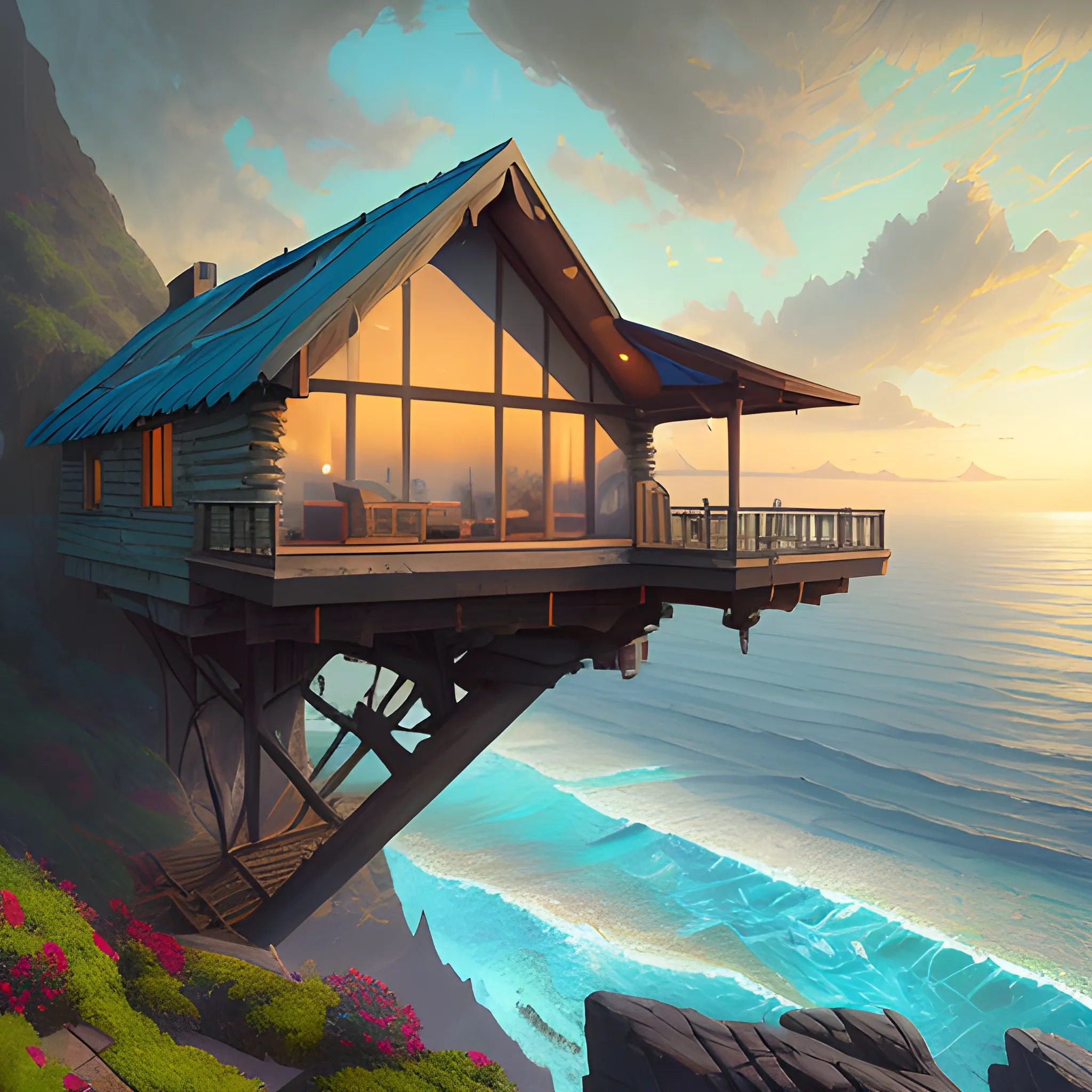 lovely a - frame home sits atop a broad cliff, overlooking the entirety of the blue sky, digital painting by greg rutkowski and gaston bussiere, zbrush, cgsociety contest winner, comprehensive art, intricate, landscape photography, brightly radiant atmosphere, overcast sky, homogeneous to hawaii, 4 k, 8 k , Water Color, Water Color