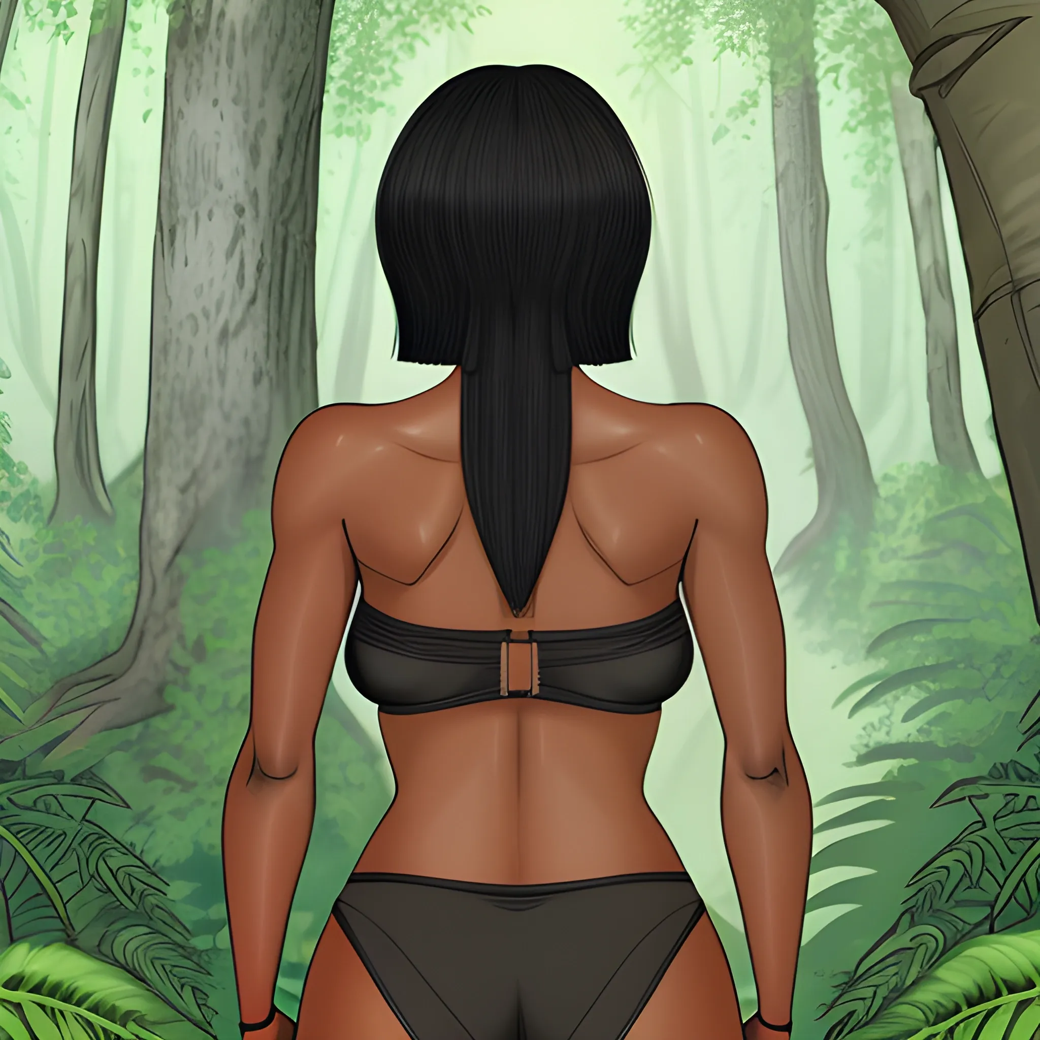 a woman in a forest with her back to the camera and a man in the background, breasts, looking_at_viewer, short_hair, multiple_girls, black_hair, 2girls, bare_shoulders, jewelry, medium_breasts, underwear, standing, panties, ass, earrings, outdoors, parted_lips, solo_focus, day, looking_back, dark_skin, from_behind, dark-skinned_female, tree, lips, crop_top, back, nature, armlet, forest, thong, realistic, bracer, Pencil Sketch