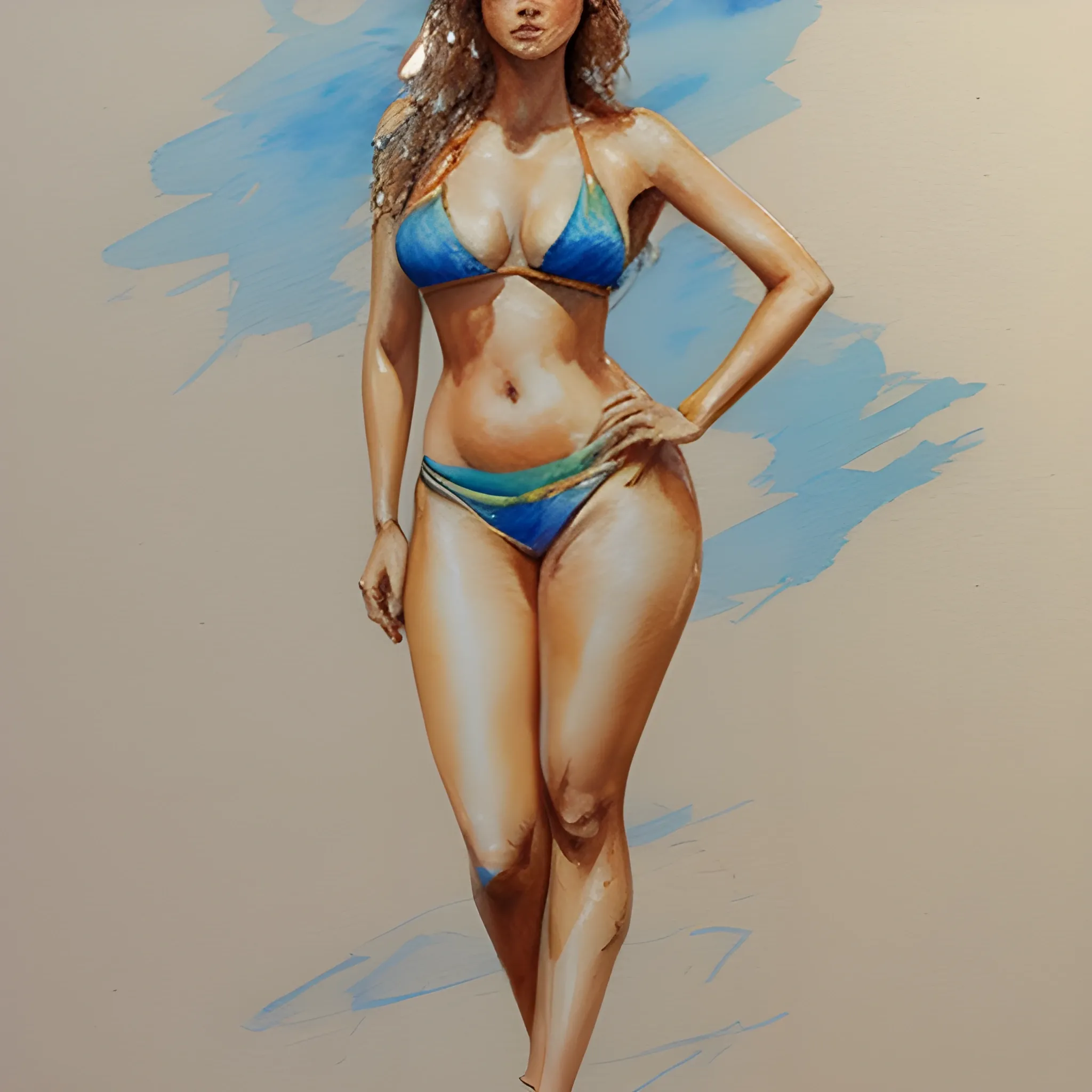 full body of a beautiful woman wearing a bikini, Pencil Sketch, Oil Painting, Water Color