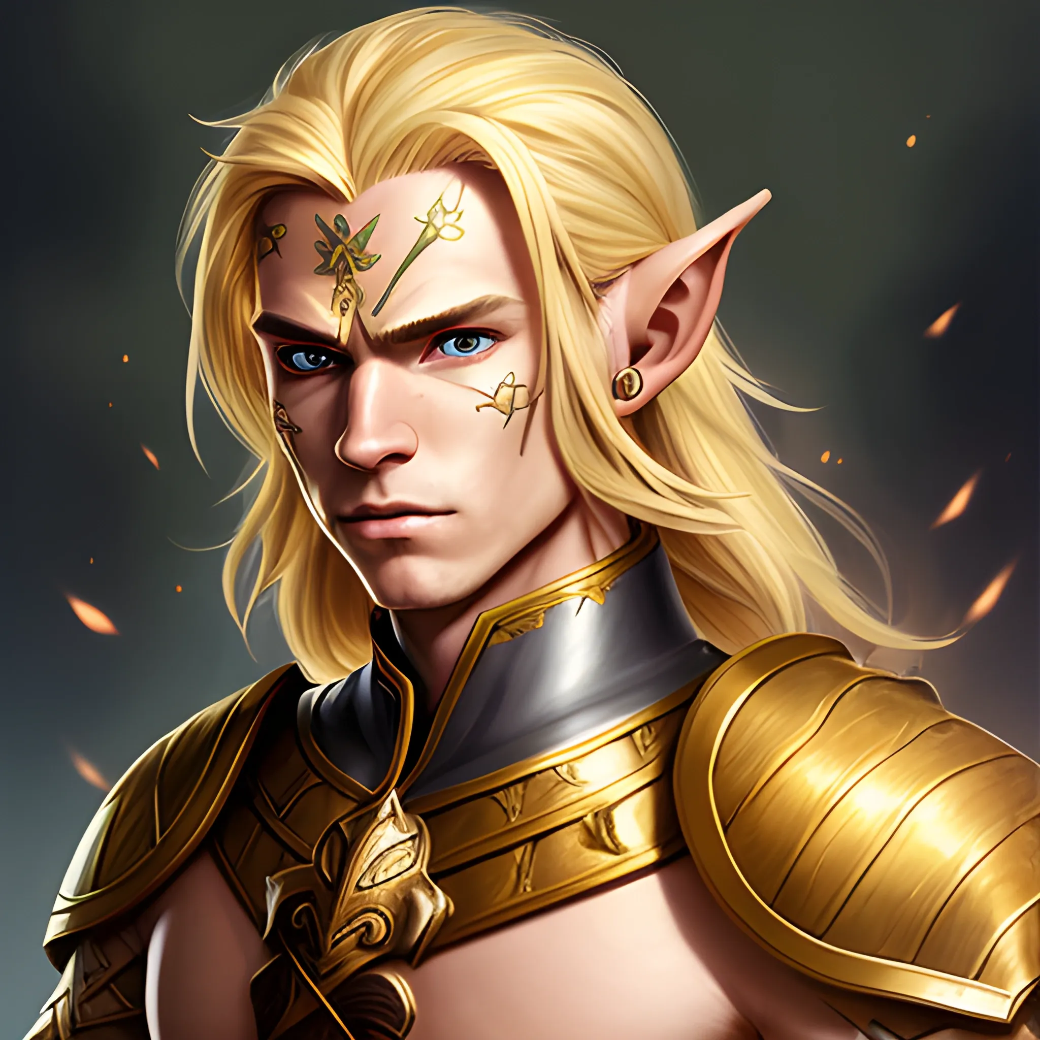 half body portrait, elf, handsome, gold skin, blonde hair, smith, warrior, holy, magical, high fantasy, anime, dynamic stance, highly detailed, whimsical, energy, fire, hammer weapon